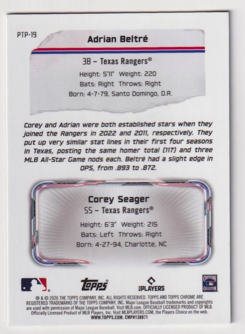 2026 Topps Chrome #PTP-19 Adrian Beltré / Corey Seager Past to Present