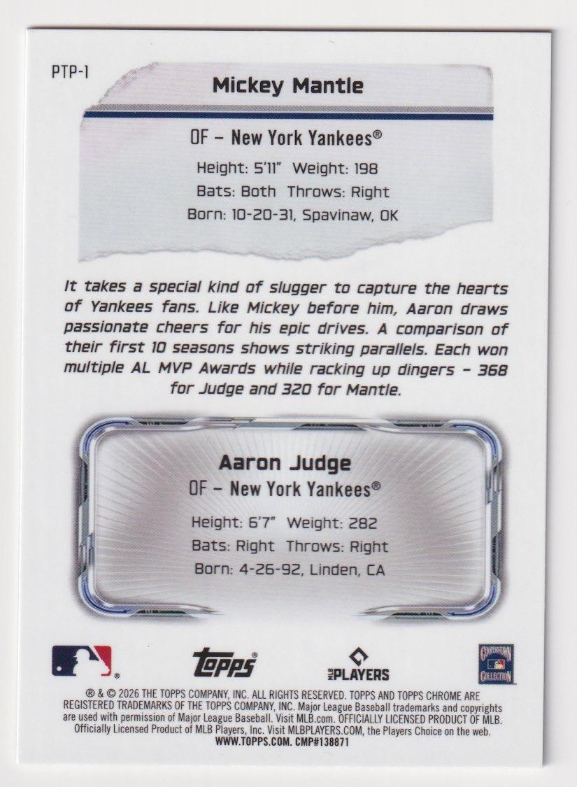 2026 Topps Chrome #PTP-1 Mickey Mantle / Aaron Judge Past to Present