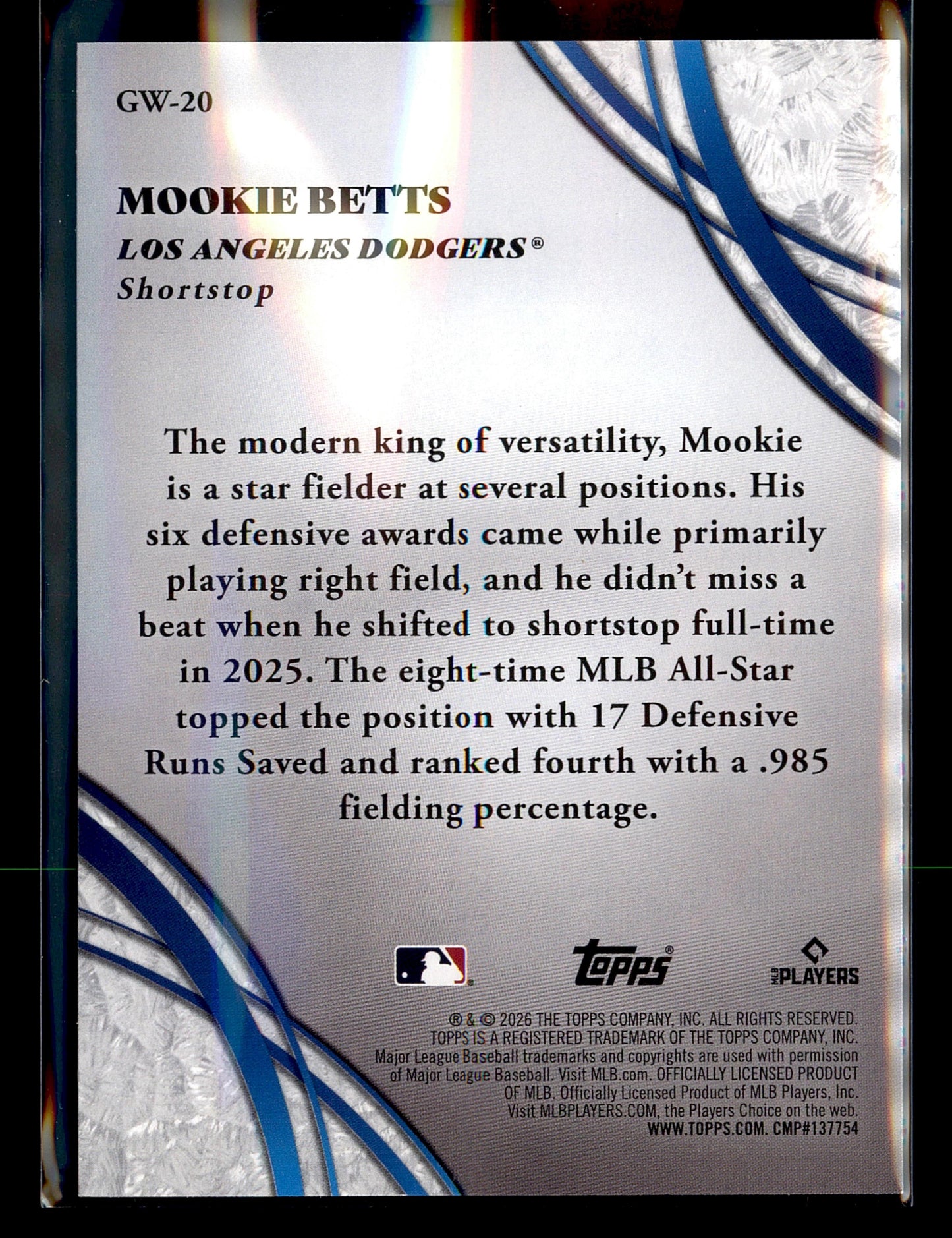 2026 Topps #GW-20 Mookie Betts Glove Work