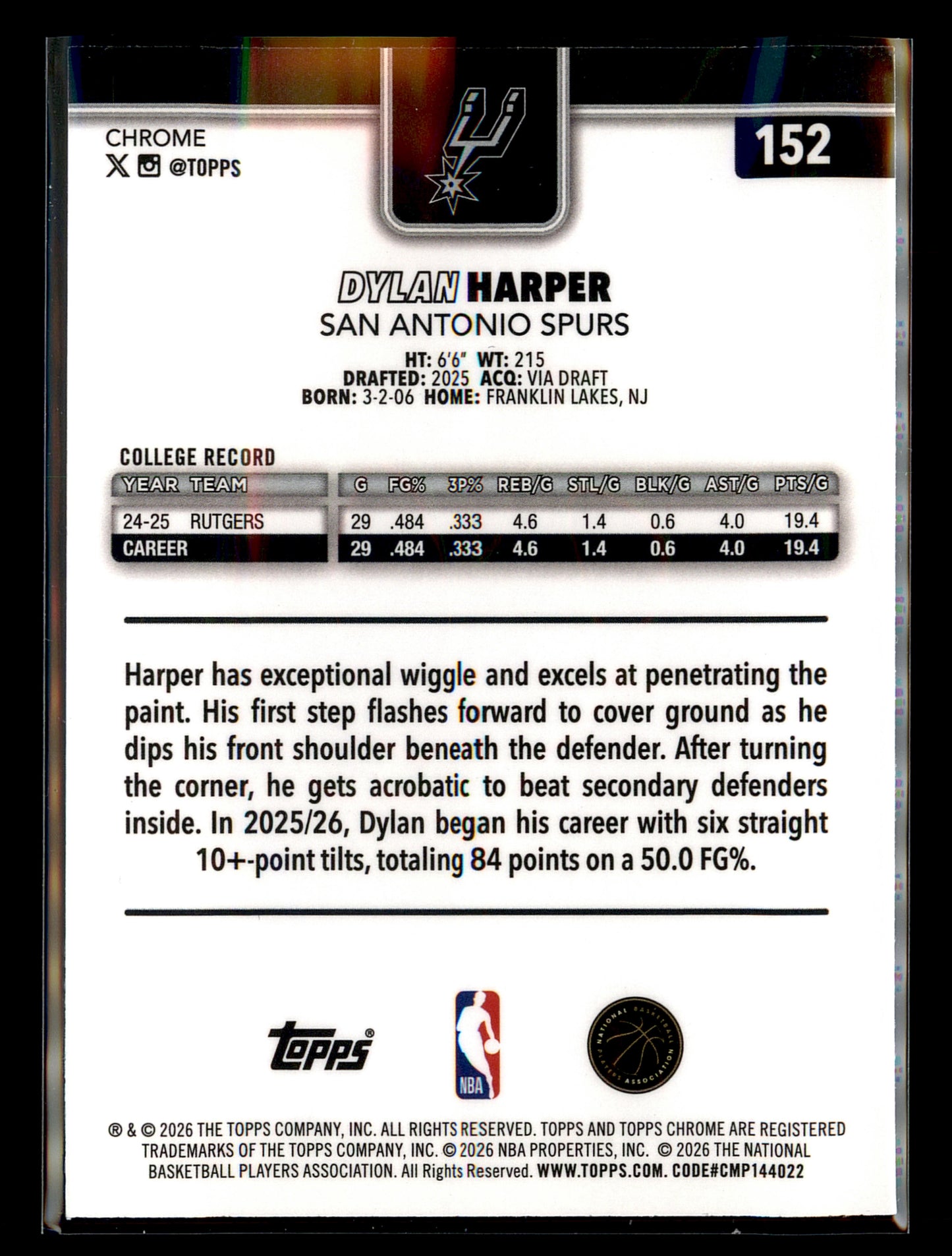 2026 Topps Chrome Update - Dylan Harper #152 Red White & Blue Refractor (RC)