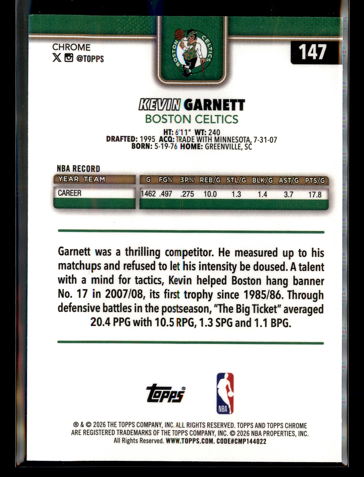 2025-26 Topps Chrome Update #147 Kevin Garnett RayWave Refractor