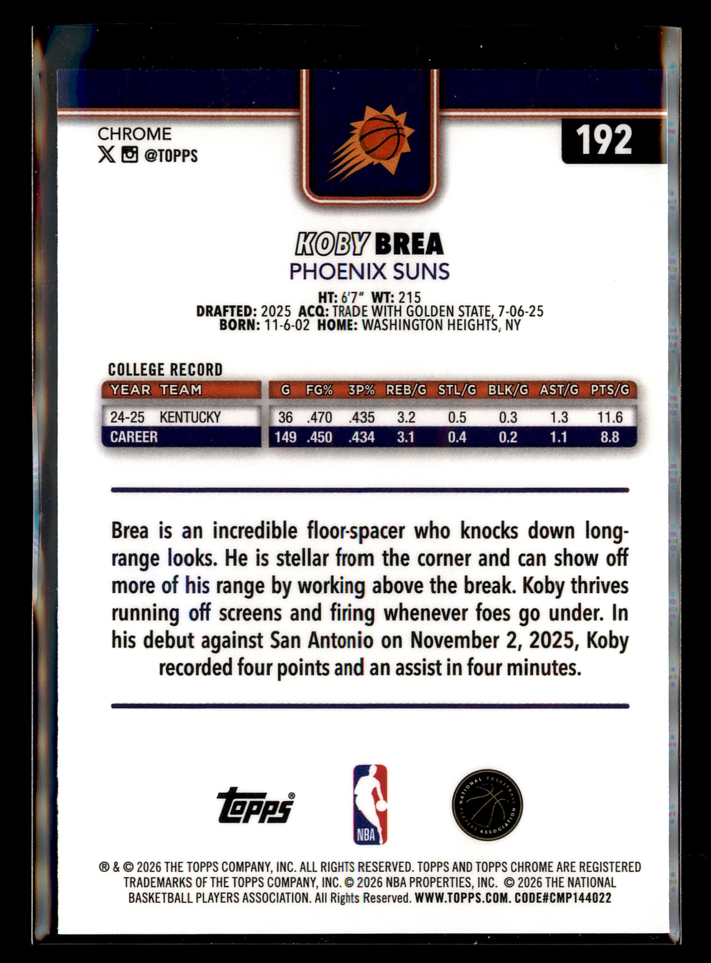 2025-26 Topps Chrome Update #192 Koby Brea Red White and Blue Refractor