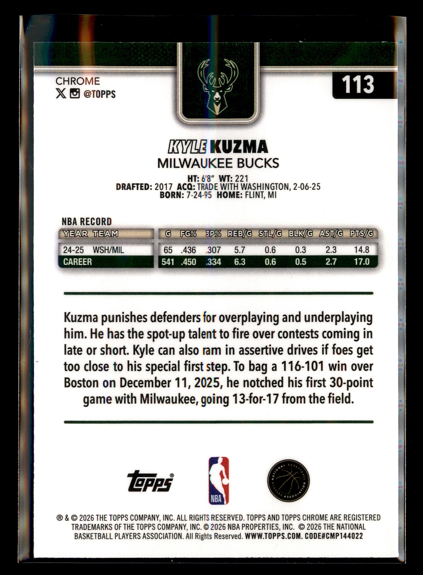 2025-26 Topps Chrome Update #113 Kyle Kuzma X-Fractor