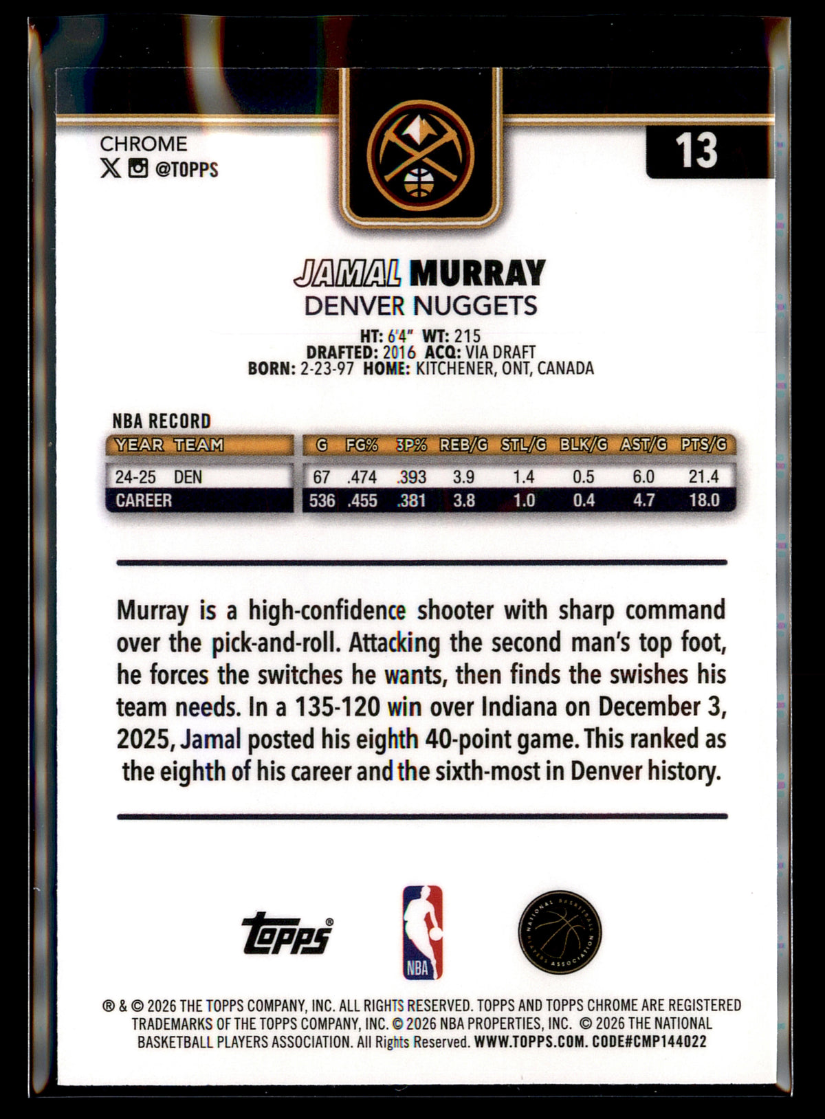 2025-26 Topps Chrome Update #13 Jamal Murray X-Fractor