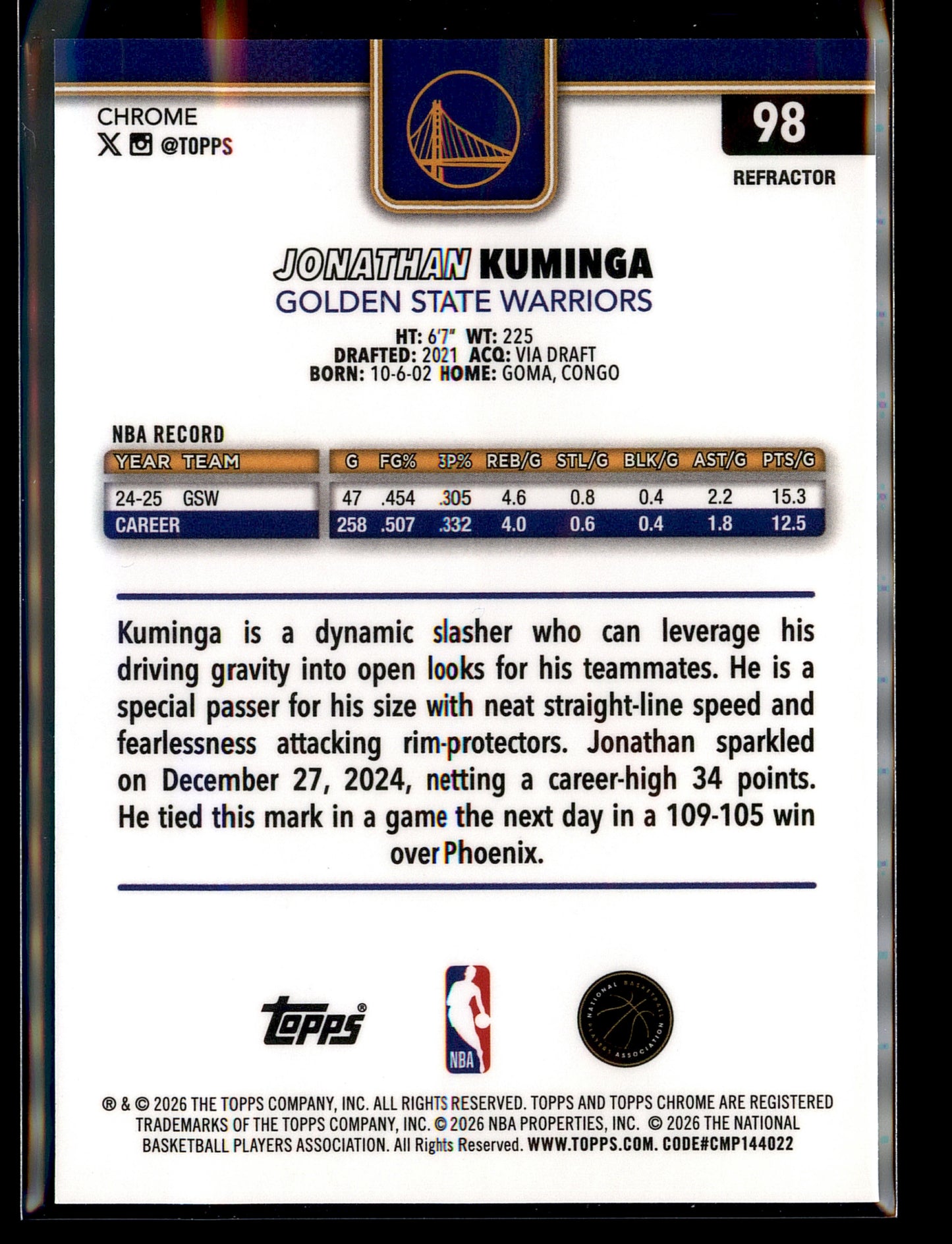 2025-26 Topps Chrome Update #98 Jonathan Kuminga Refractor