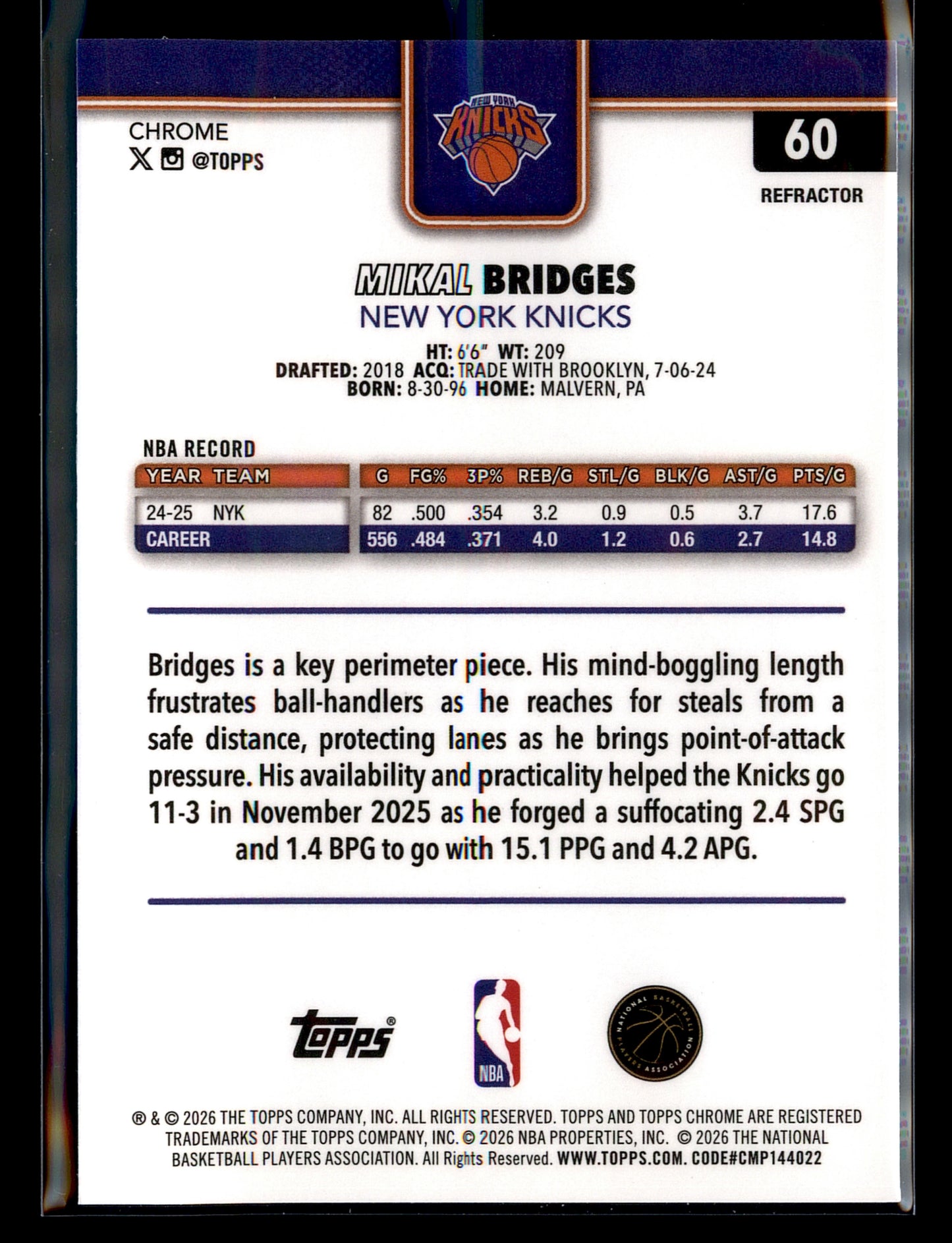 2025-26 Topps Chrome Update #60 Mikal Bridges Refractor