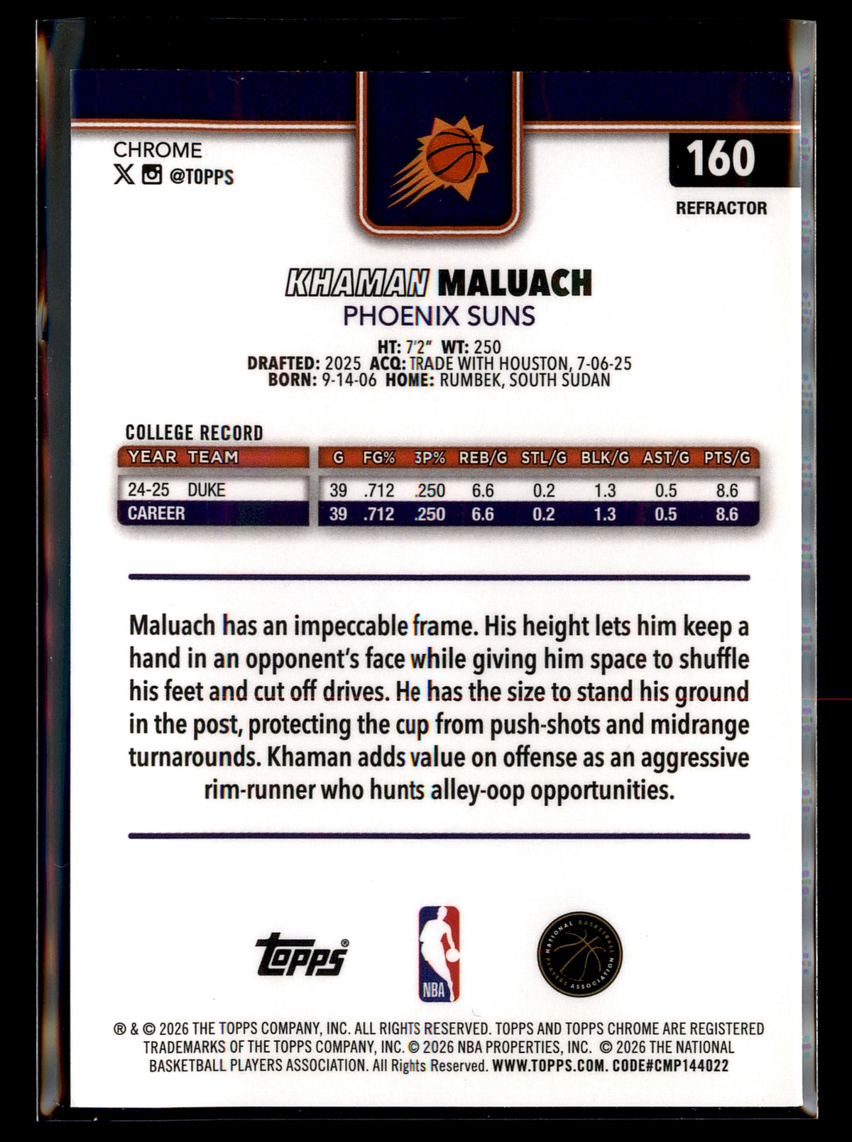 2025-26 Topps Chrome Update #160 Khaman Maluach Refractor