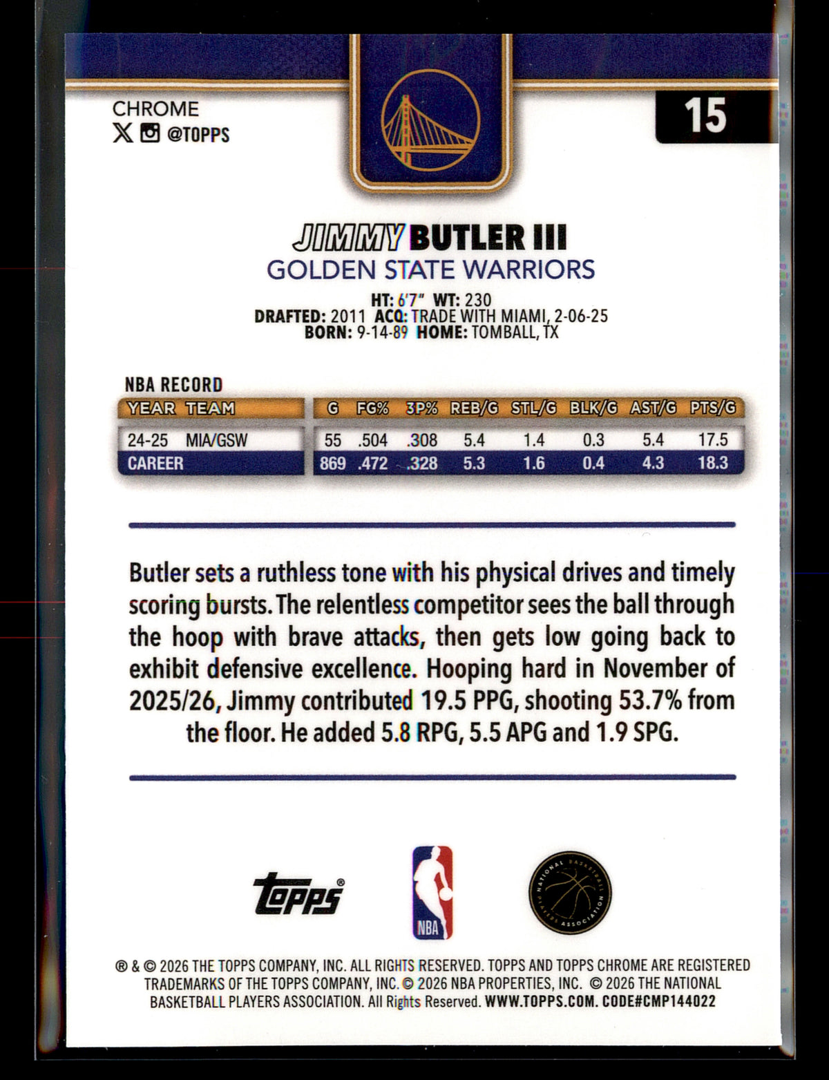 2025-26 Topps Chrome Update #15 Jimmy Butler III Red White and Blue Refractor