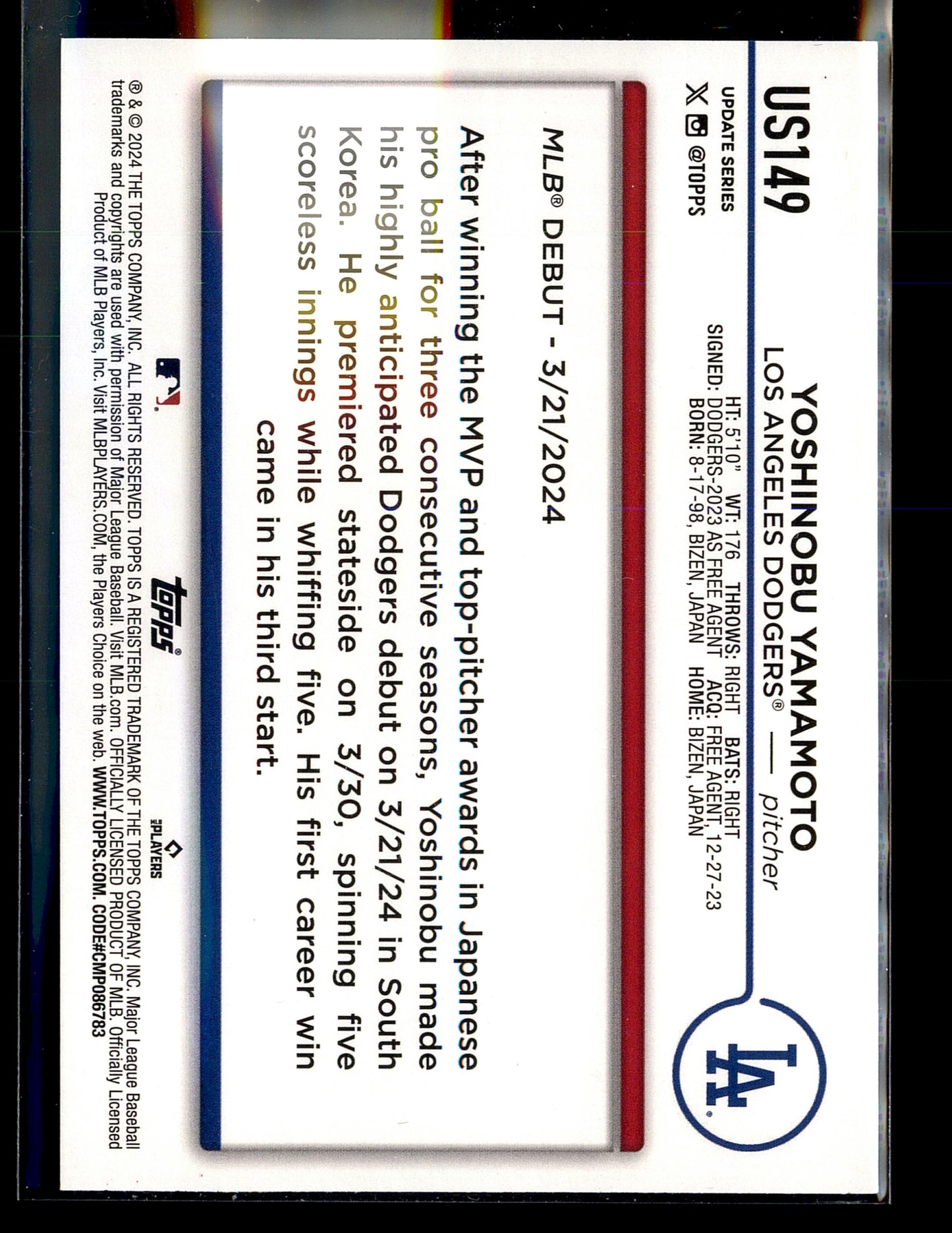 2024 Topps Update #US149 Yoshinobu Yamamoto Holiday