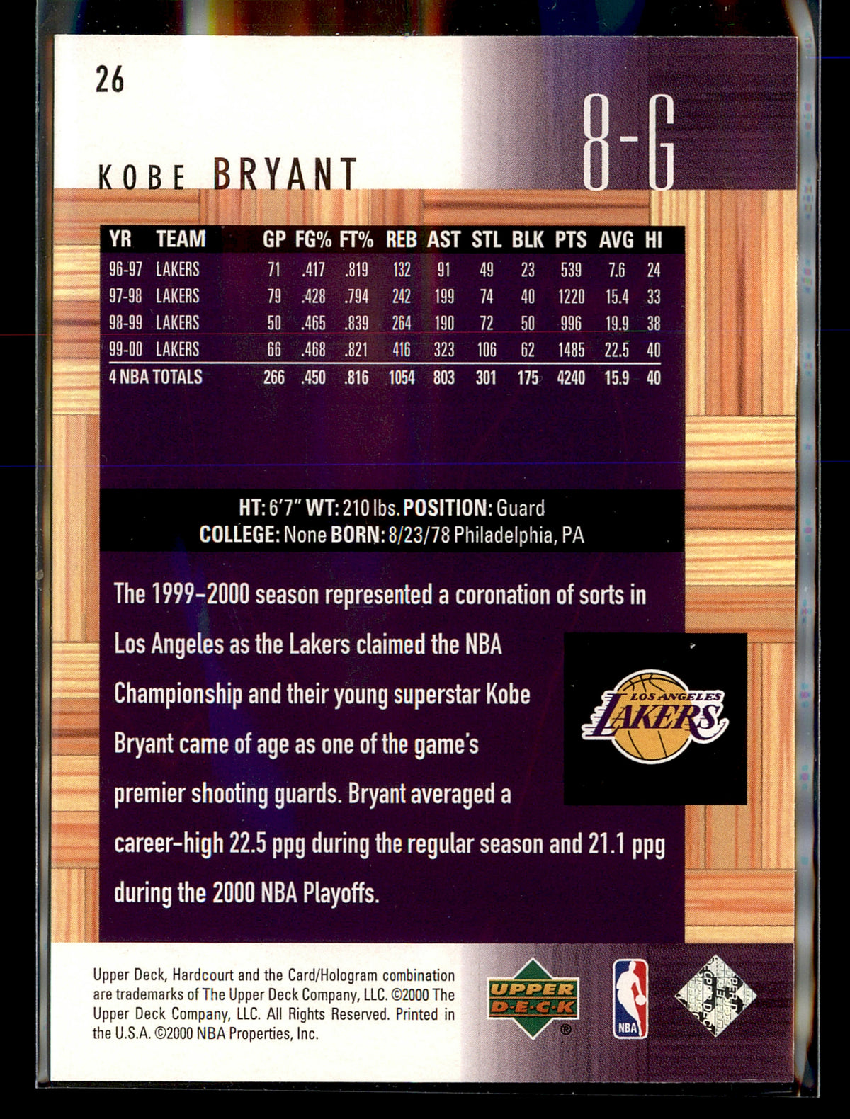 2000-01 Upper Deck Hardcourt #26 Kobe Bryant