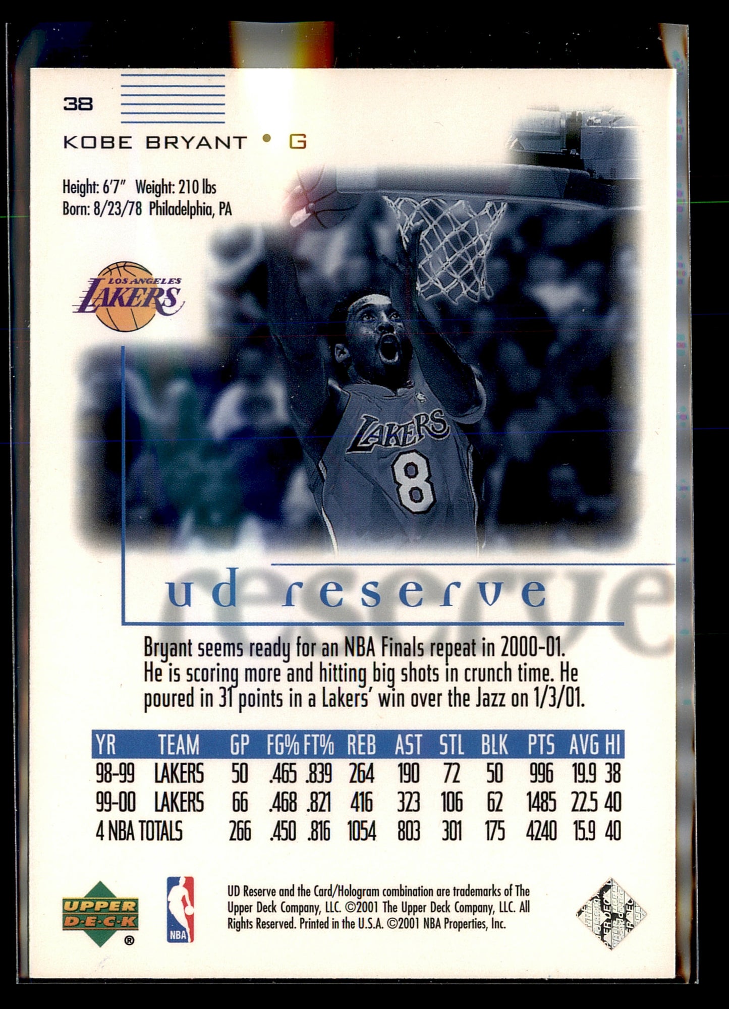 2000-01 UD Reserve #38 Kobe Bryant