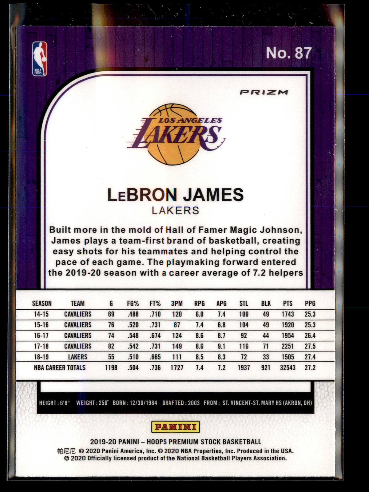2019-20 Hoops Premium Stock #87 LeBron James Prizms Flash