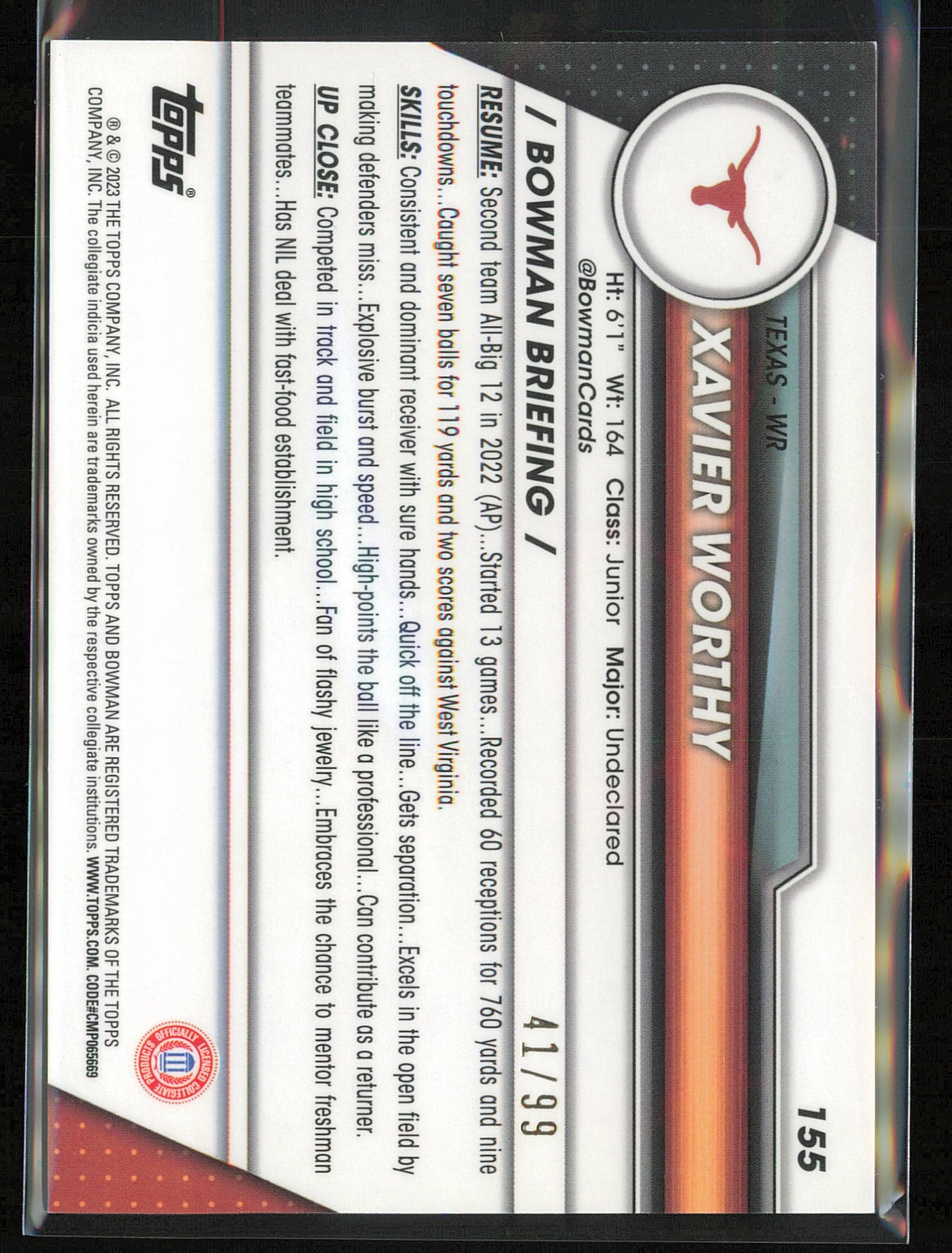 2023 Bowman University Chrome #155 Xavier Worthy Green Lava Refractor #/99