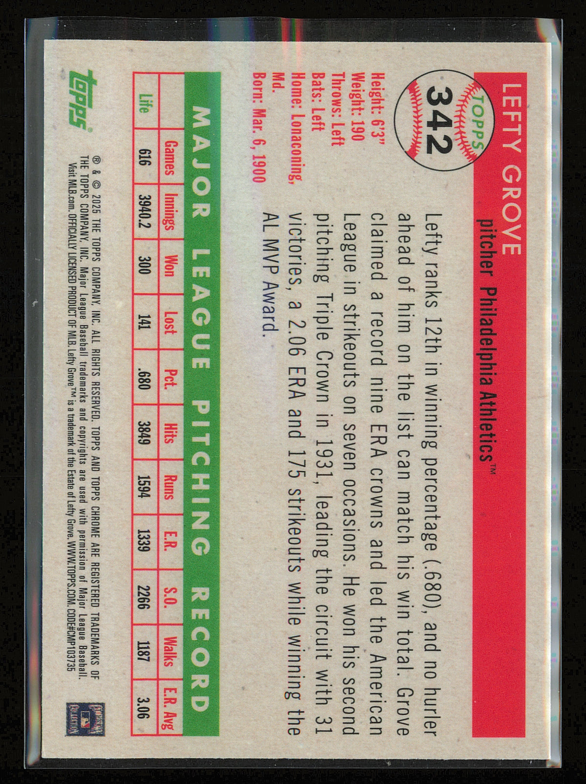 2025 Topps Chrome Platinum #342 Lefty Grove Refractors