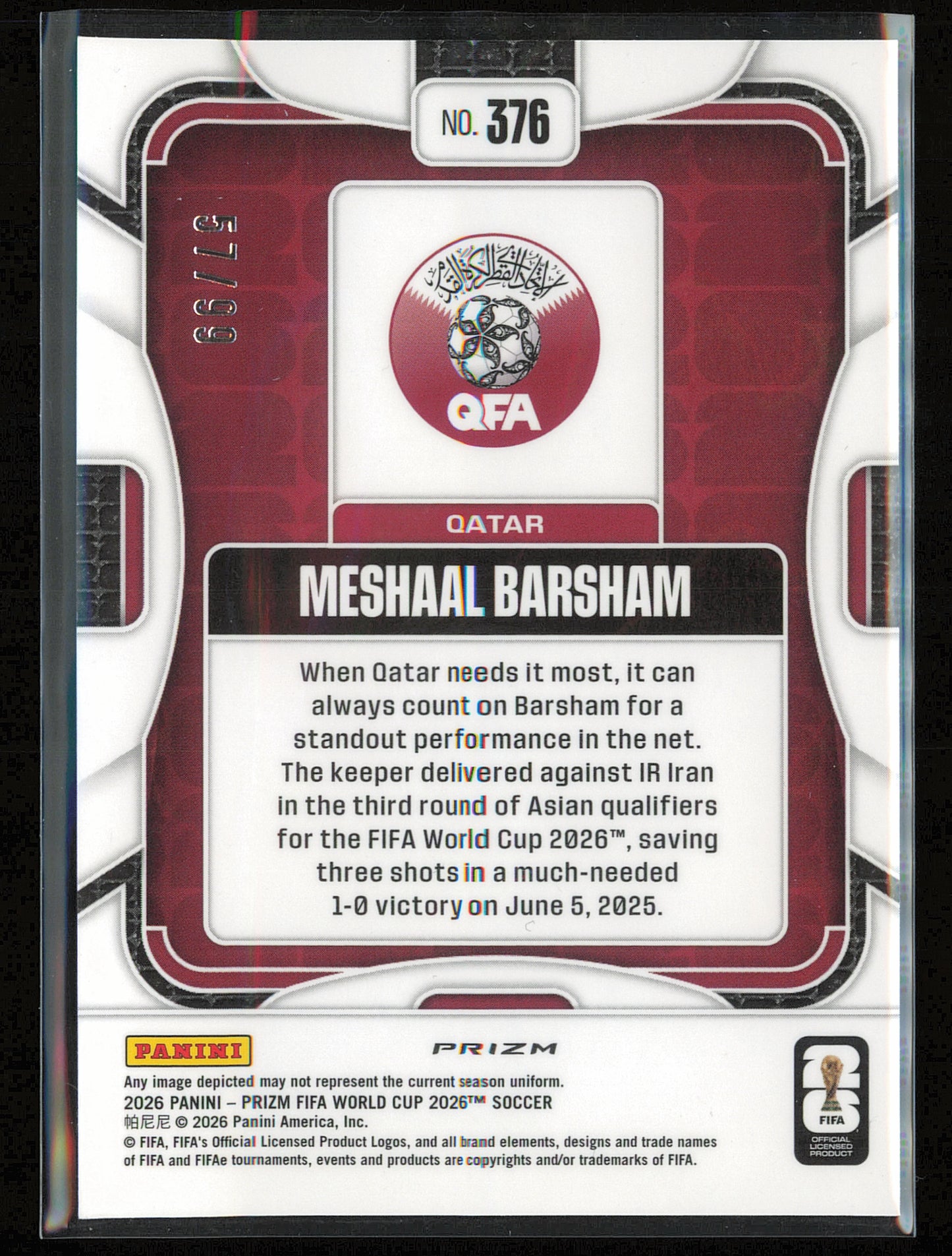 2026 Panini Prizm FIFA World Cup #376 Meshaal Barsham Teal Wave Prizms #/99