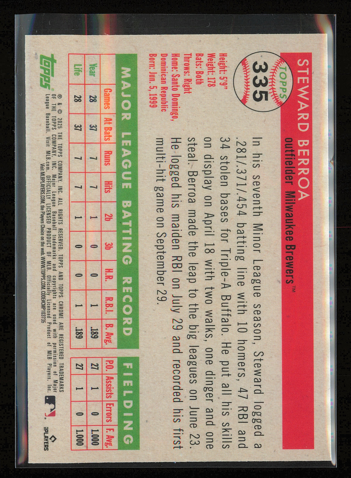2025 Topps Chrome Platinum #335 Steward Berroa