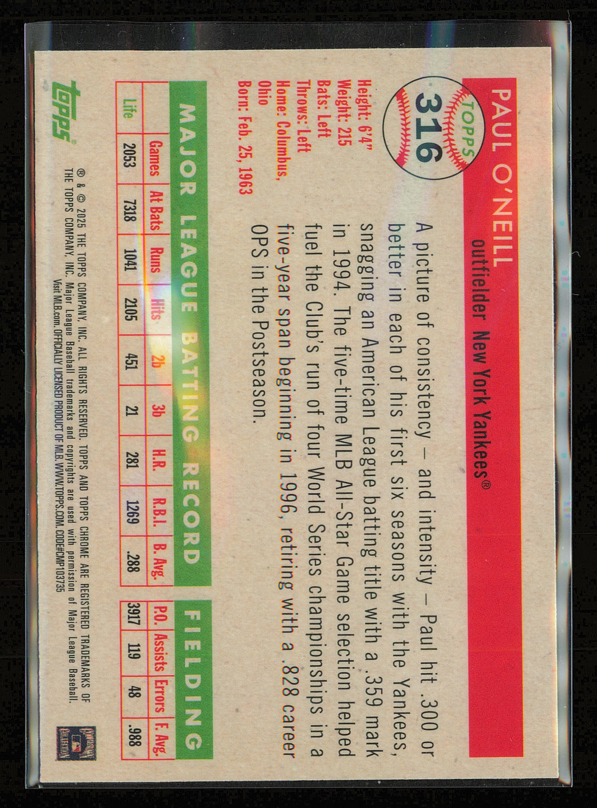2025 Topps Chrome Platinum #316 Paul O’Neill Blue Prism Refractors