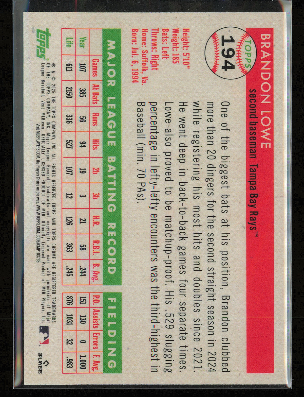 2025 Topps Chrome Platinum #194 Brandon Lowe Prism Refractors