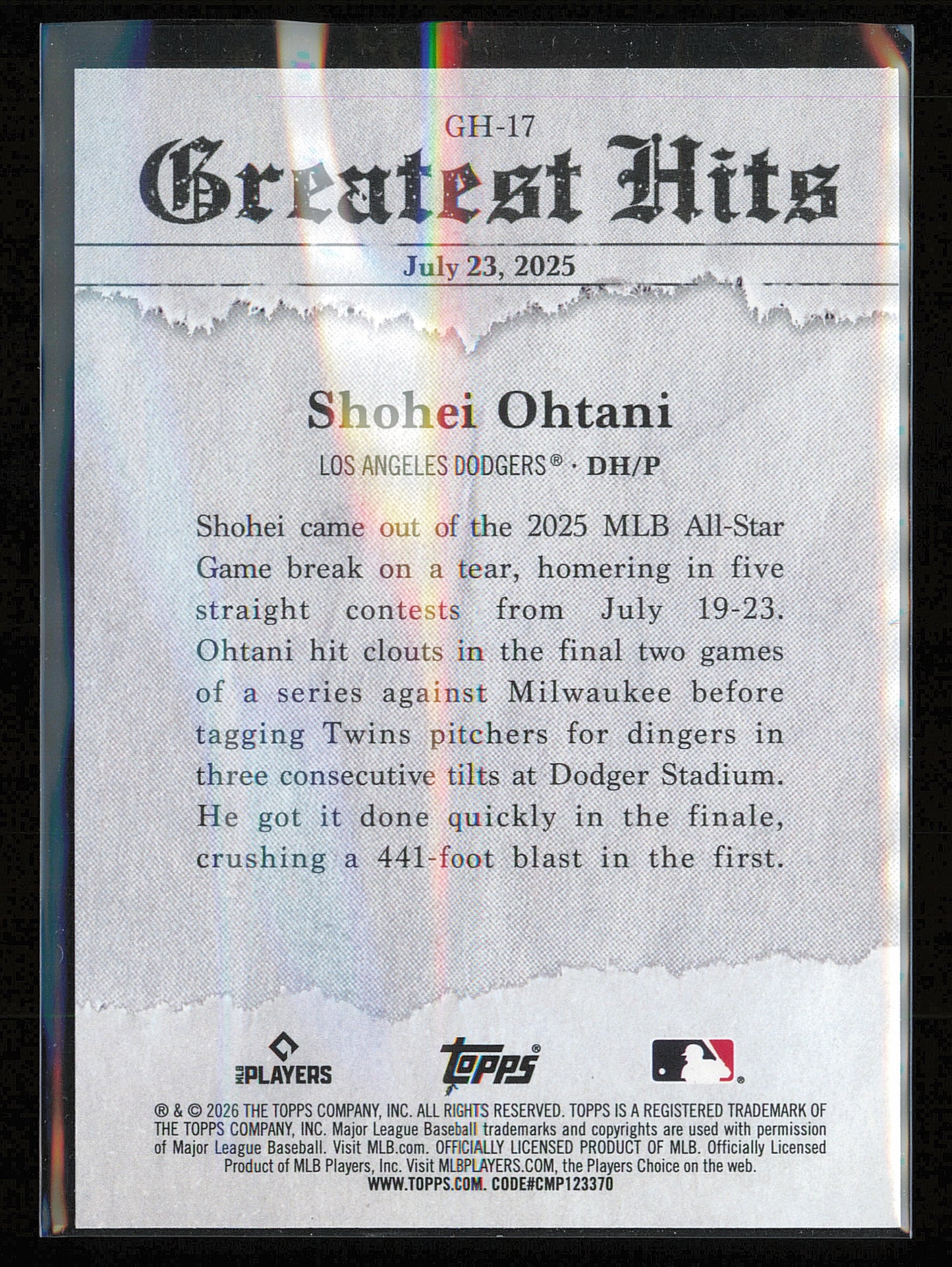 2026 Topps #GH-17 Shohei Ohtani 2025 Greatest Hits
