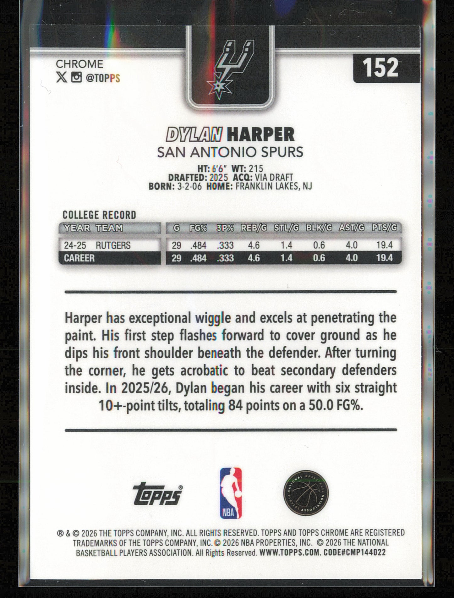 2025-26 Topps Chrome Update #152 Dylan Harper
