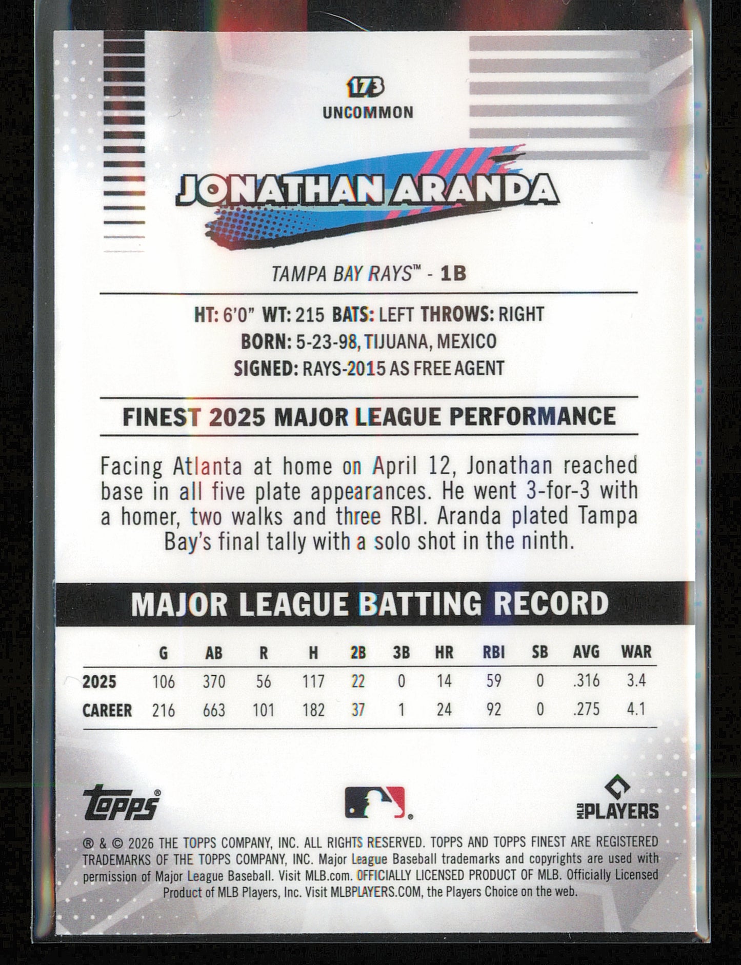 2026 Finest #173 Jonathan Aranda