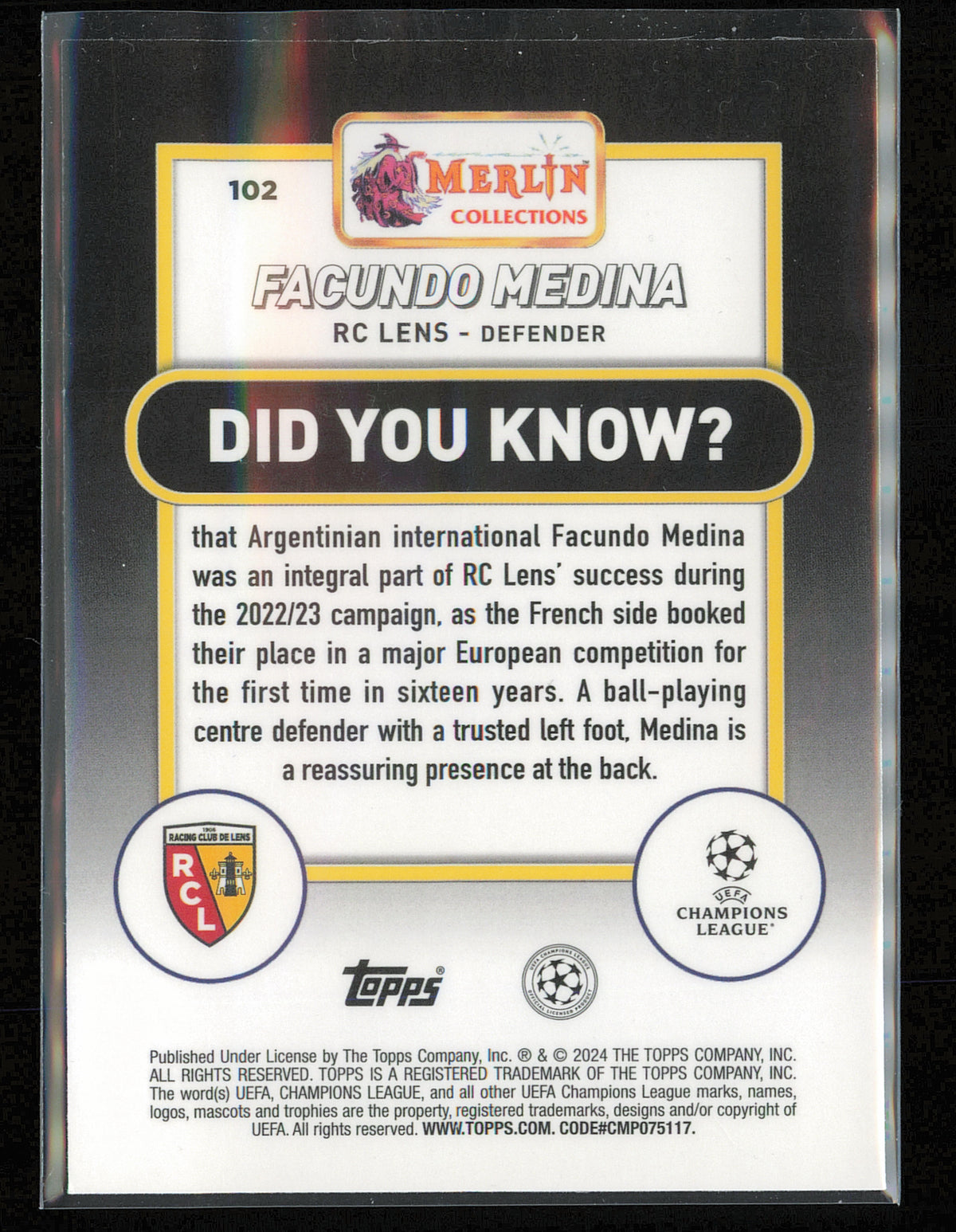2023-24 Merlin UEFA Club Competitions #102 Facundo Medina Aqua Prism Refractor