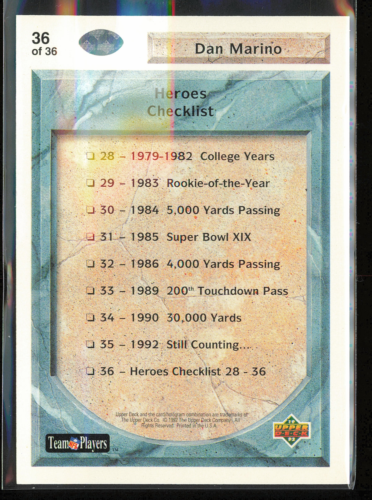 1992 Upper Deck #36 Dan Marino Football Heroes: Dan Marino