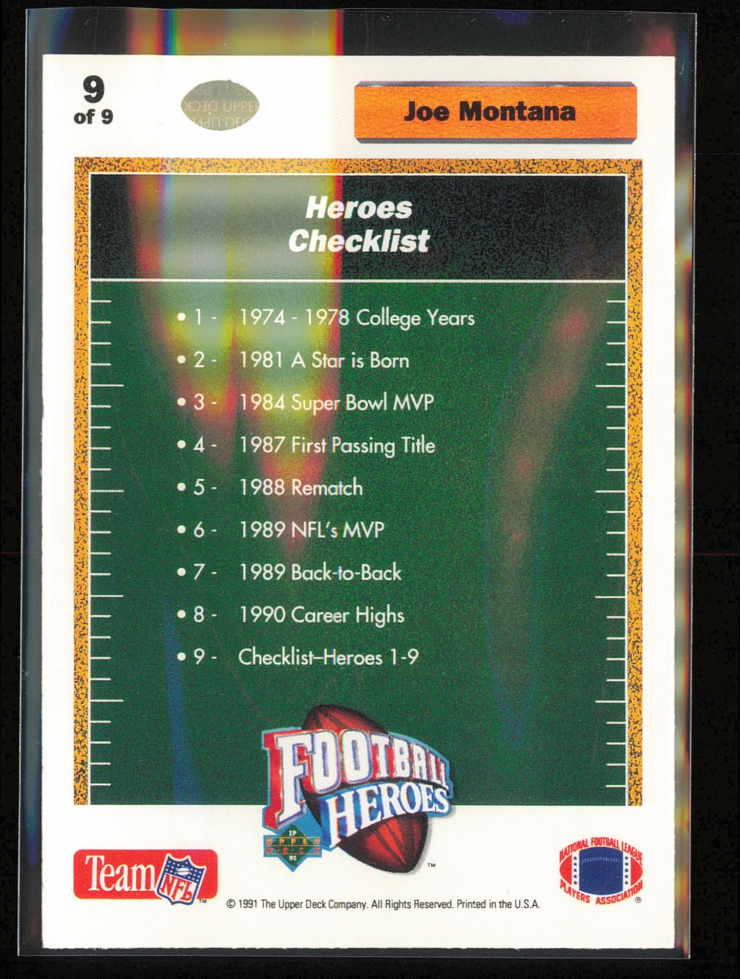 1991 Upper Deck #9 Joe Montana Football Heroes: Joe Montana