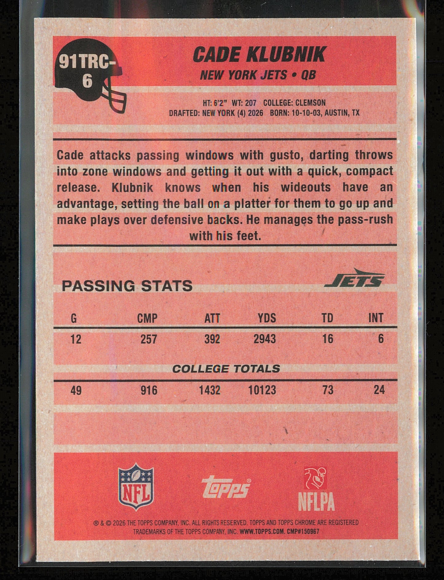 2026 Topps Flagship #91TRC-6 Cade Klubnik 1991 Topps Football Rookies Chrome