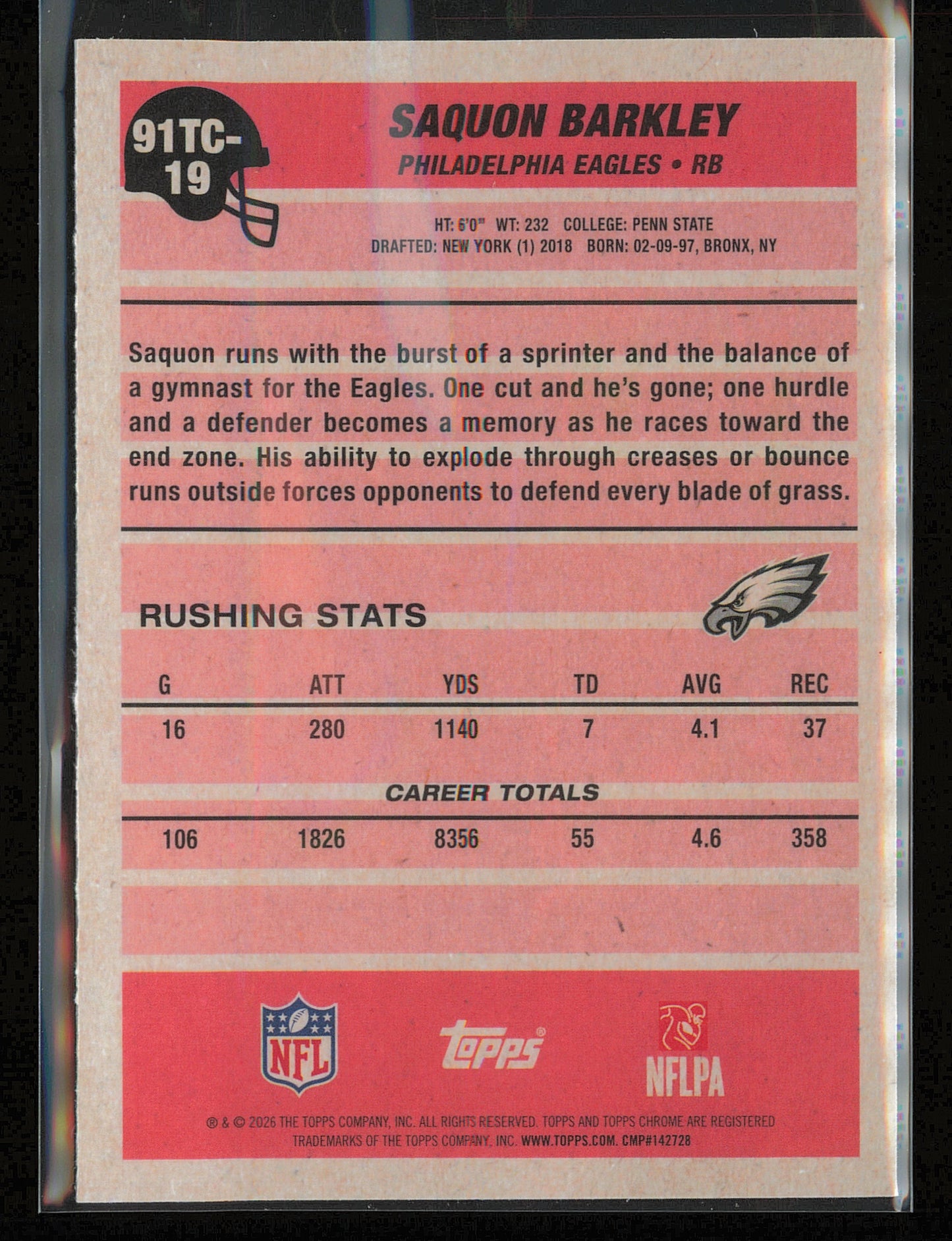 2026 Topps Flagship #91TC-19 Saquon Barkley 1991 Topps Football Chrome