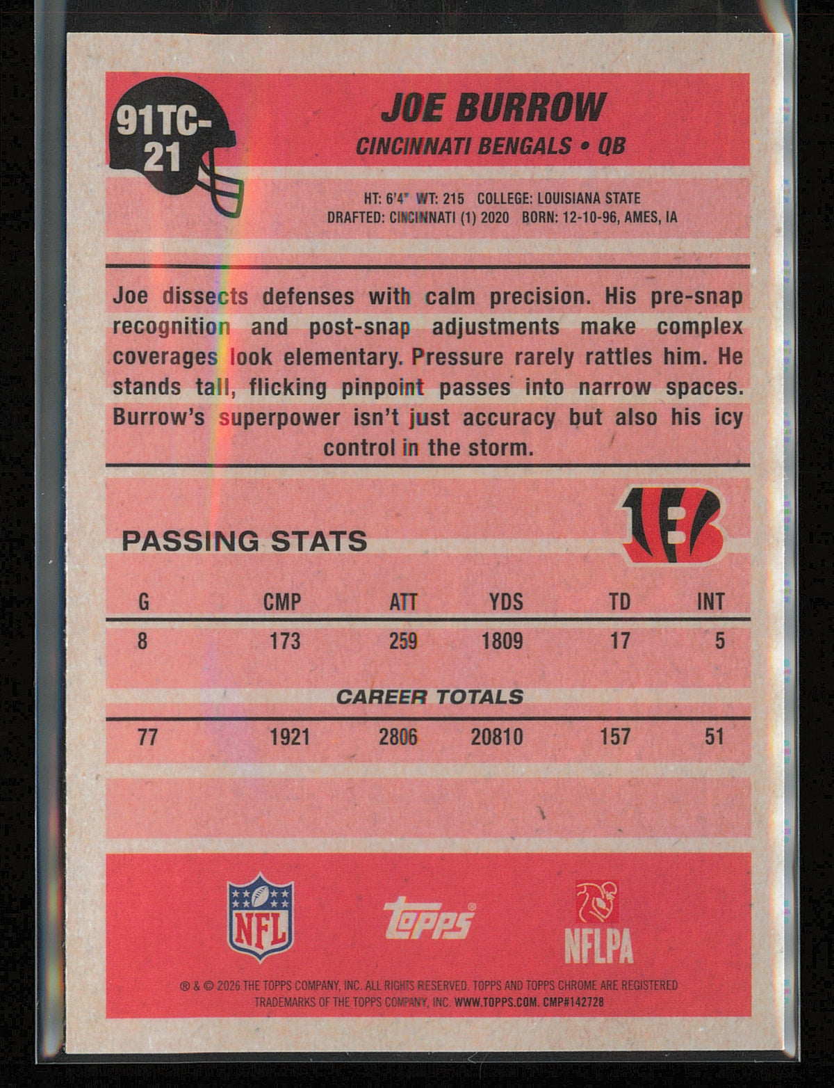 2026 Topps Flagship #91TC-21 Joe Burrow 1991 Topps Football Chrome