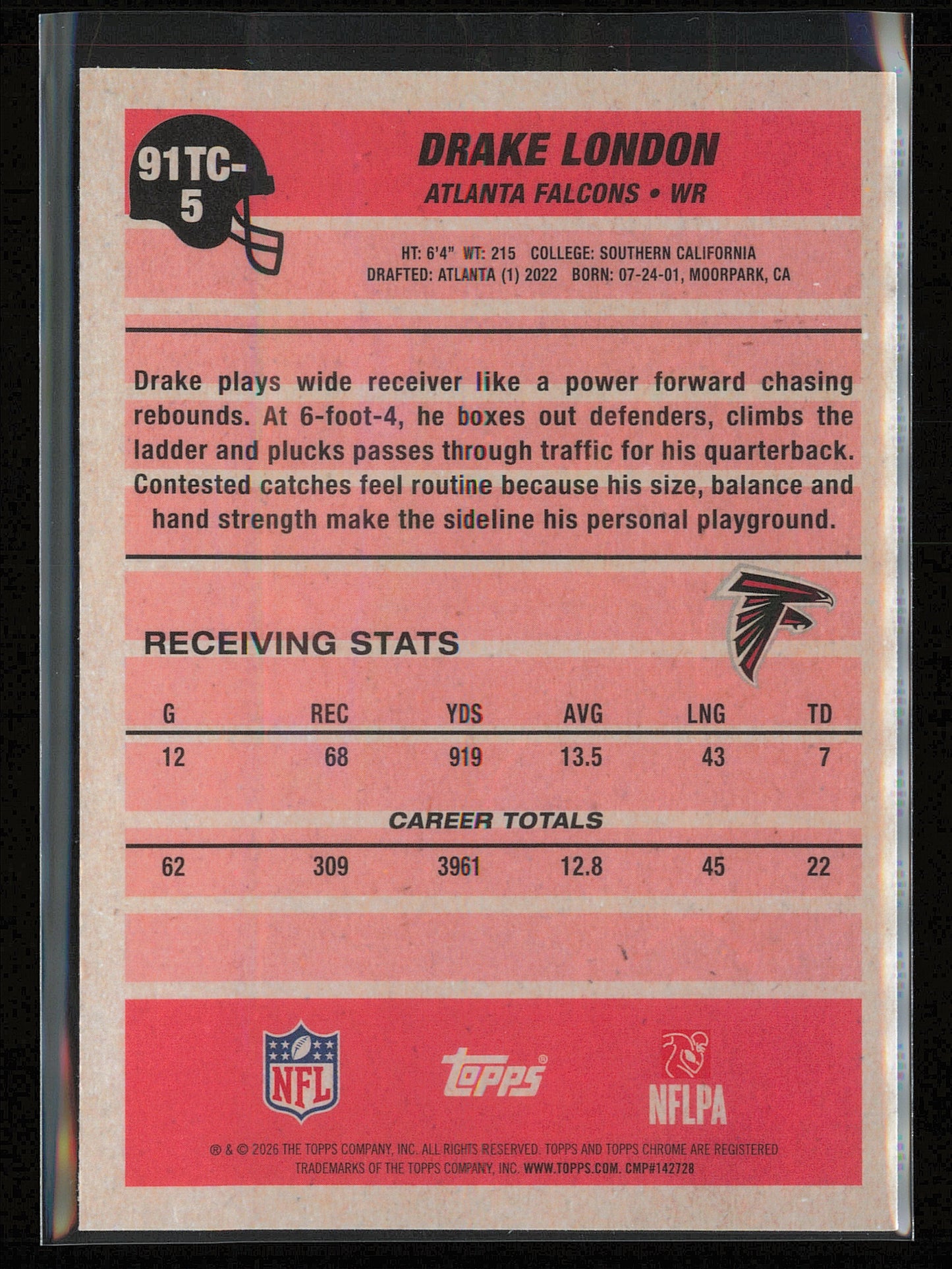 2026 Topps Flagship #91TC-5 Drake London 1991 Topps Football Chrome