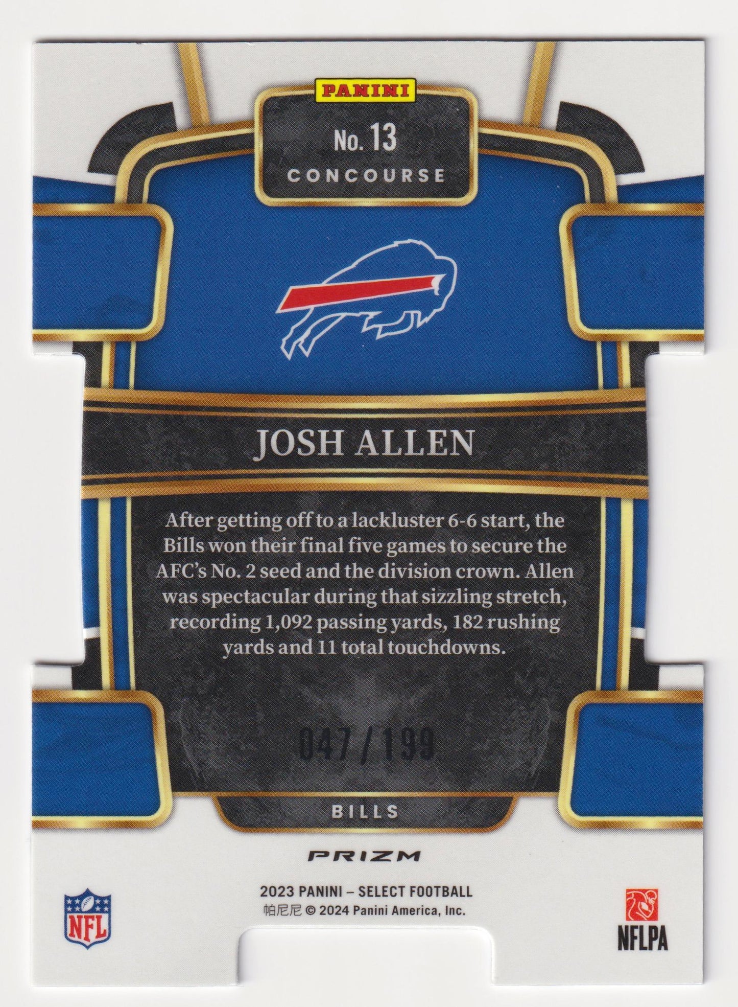 2023 Panini Select #13 Josh Allen White Prizms Die Cuts #/199