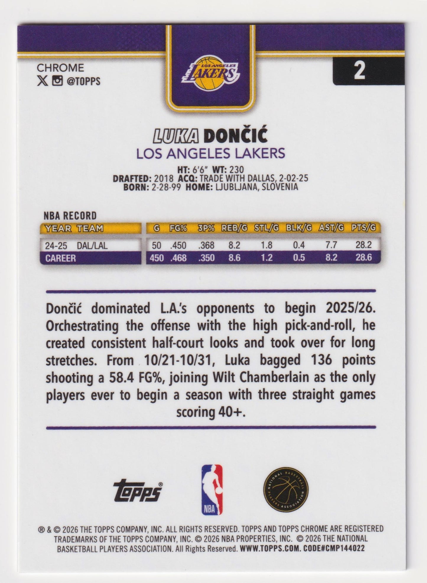 2025-26 Topps Chrome Update #2 Luka Dončić Orange Basketball Refractor #/25