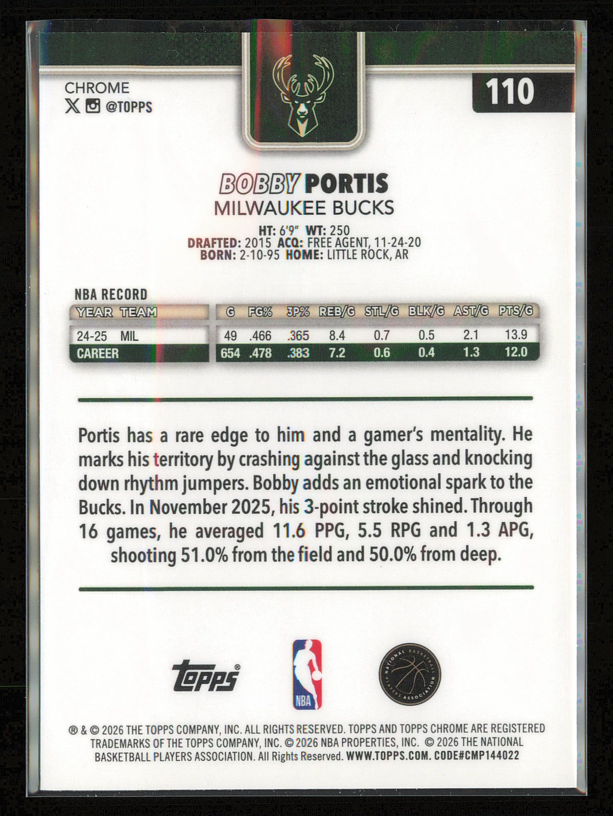 2025-26 Topps Chrome Update #110 Bobby Portis Teal Refractor #/299