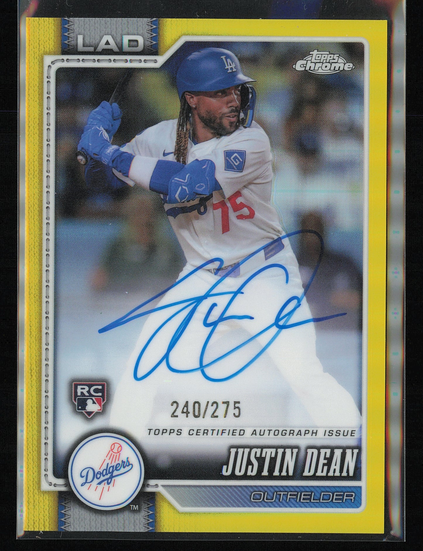 2026 Topps Chrome #RA-JDE Justin Dean Rookie Autographs Yellow Refractors #/275