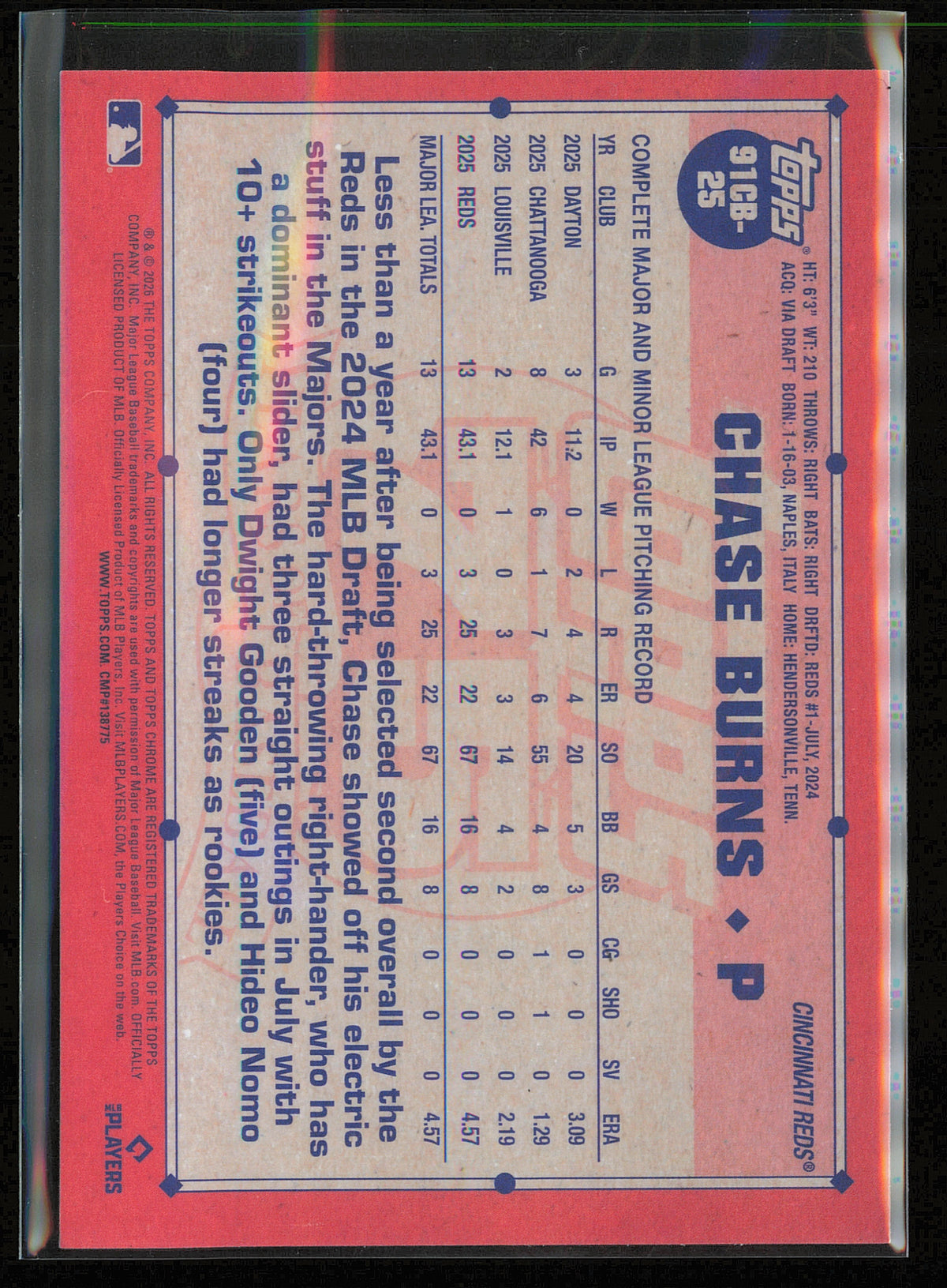 2026 Topps Chrome #91CB-25 Chase Burns 1991 Topps Baseball 35th Anniversary