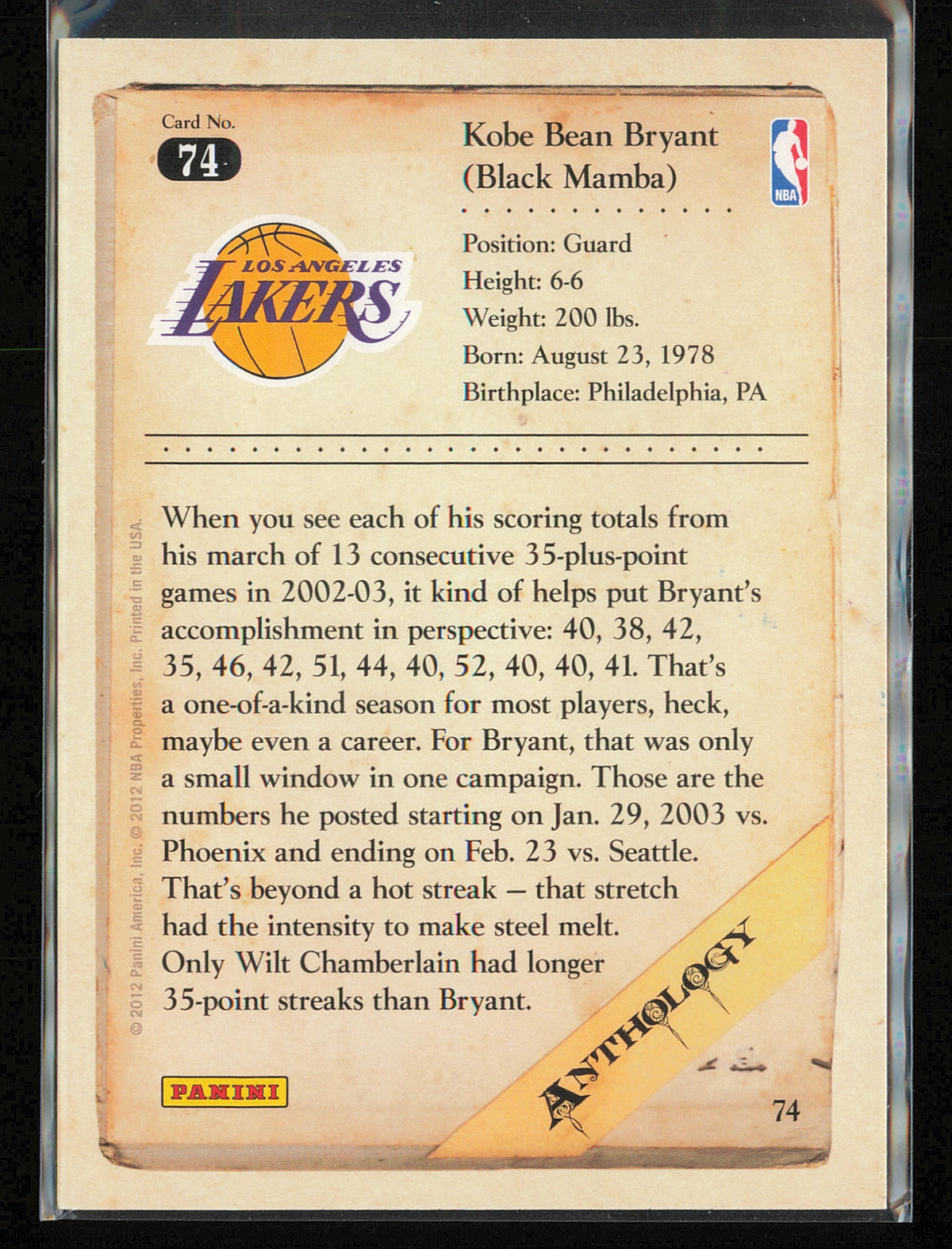 2012-13 Panini Kobe Anthology #74 Kobe Bryant