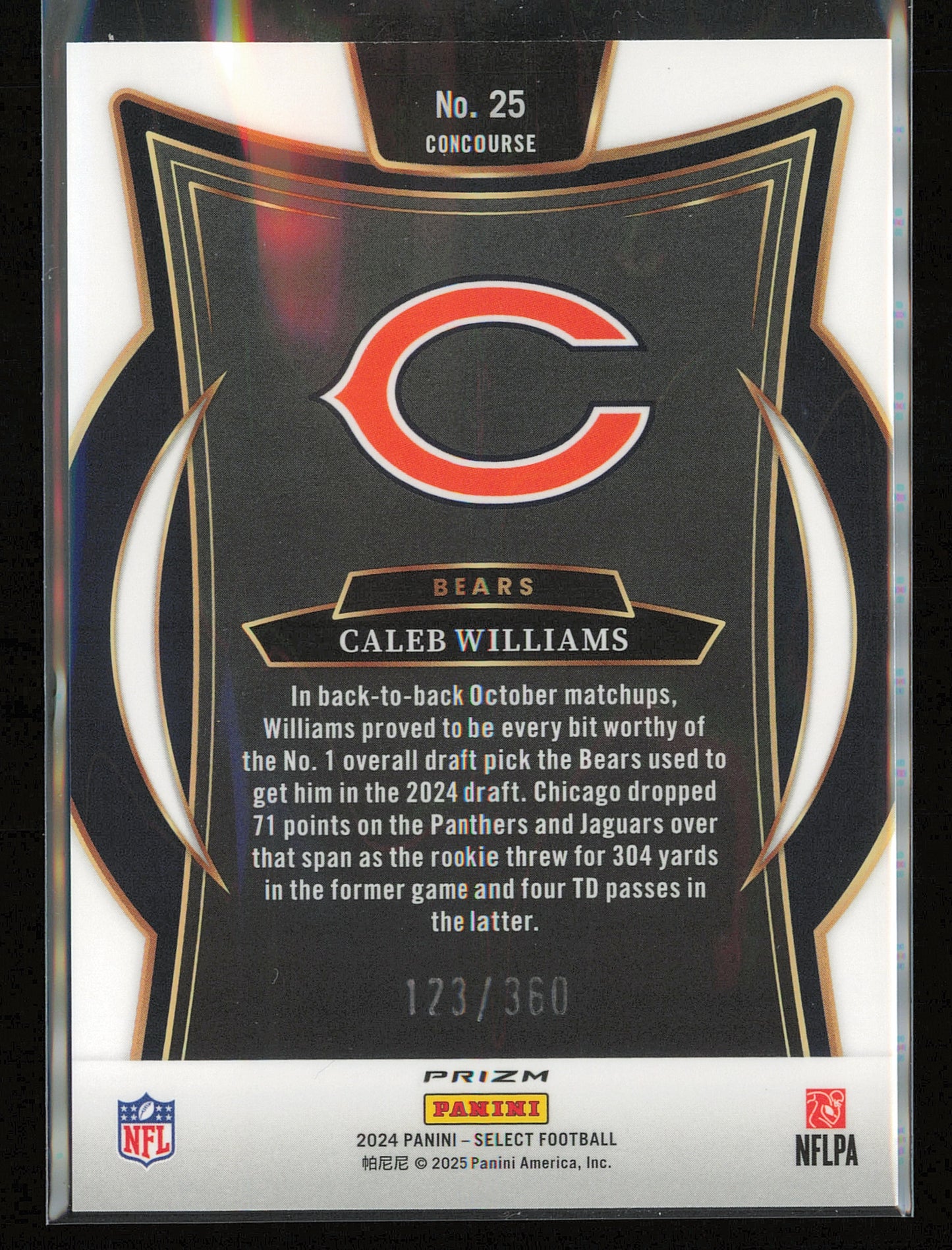 2024 Panini Select #25 Caleb Williams Purple Prizm Shock #/360