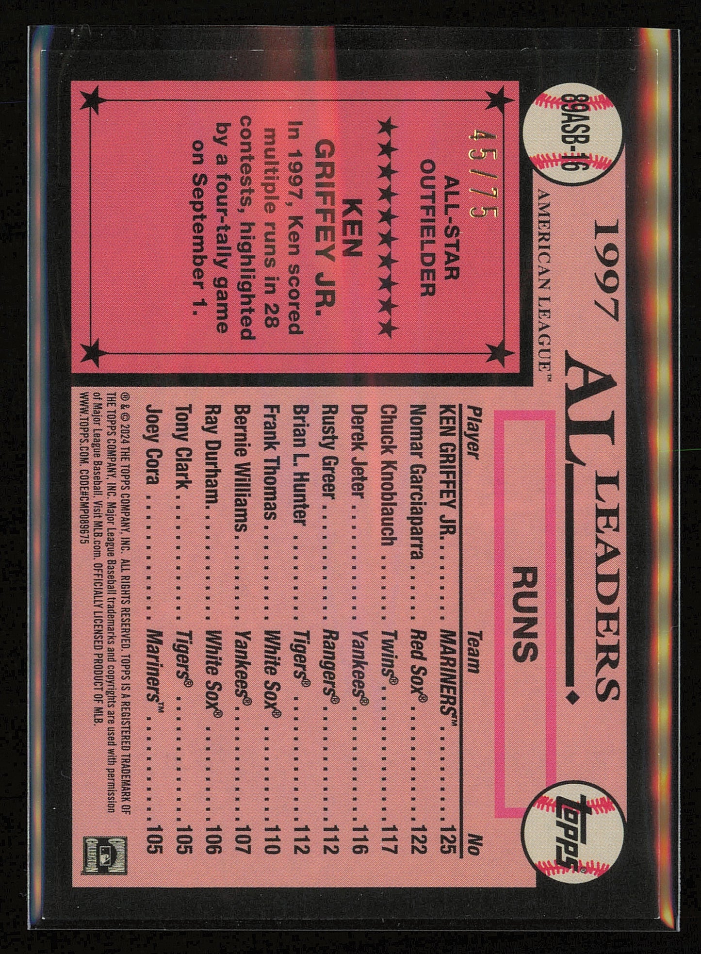 2024 Topps Series 2 - 1989 Topps Baseball All-Stars Ken Griffey Jr #89ASB-16 /75