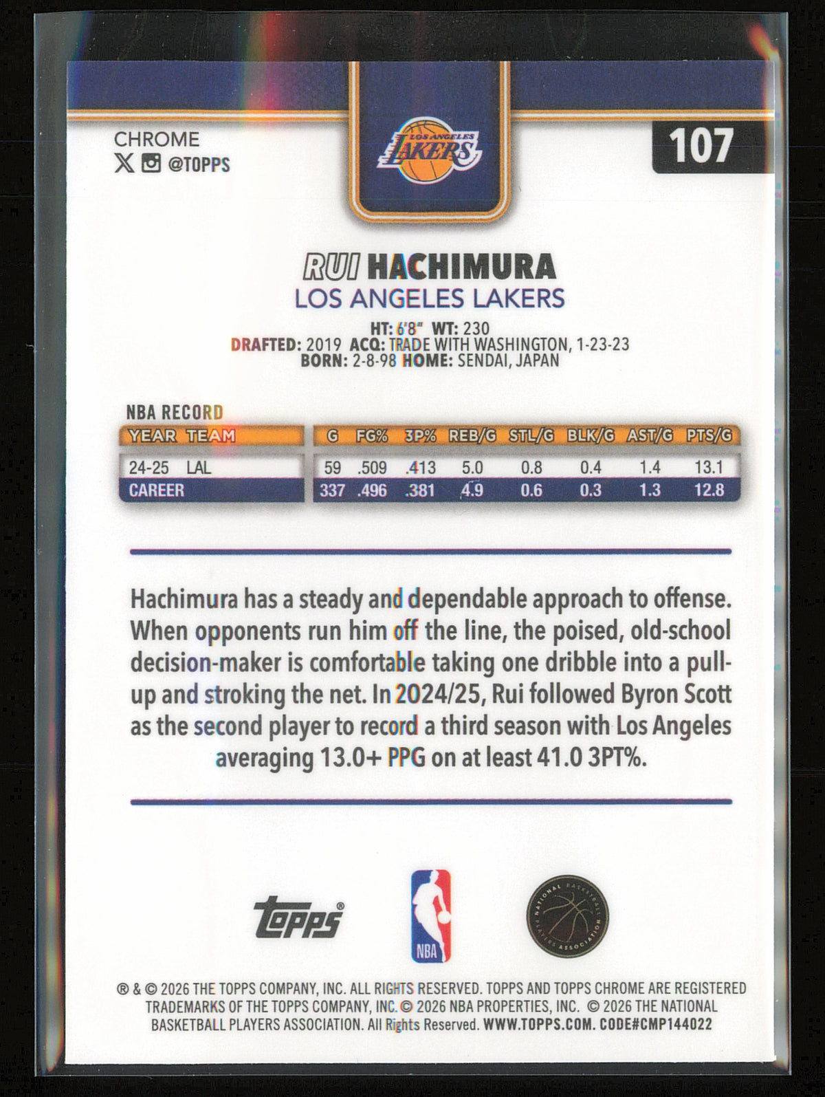 2025-26 Topps Chrome Update #107 Rui Hachimura Refractor