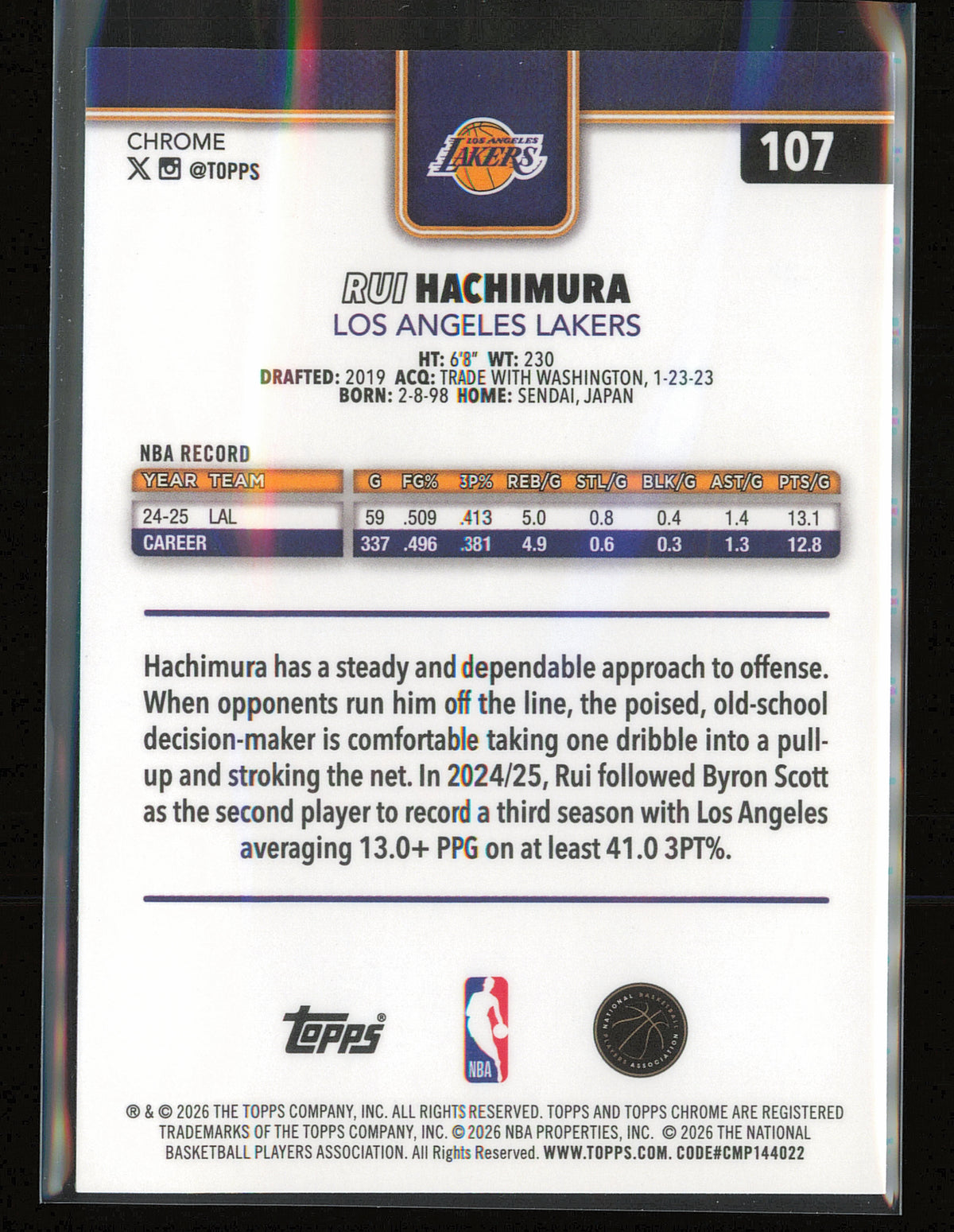 2025-26 Topps Chrome Update #107 Rui Hachimura Blue Basketball Refractor #/150