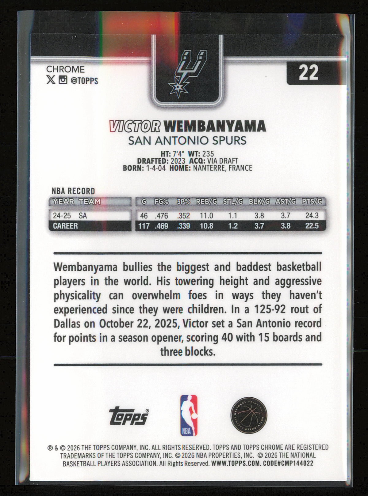 2025-26 Topps Chrome Update #22 Victor Wembanyama