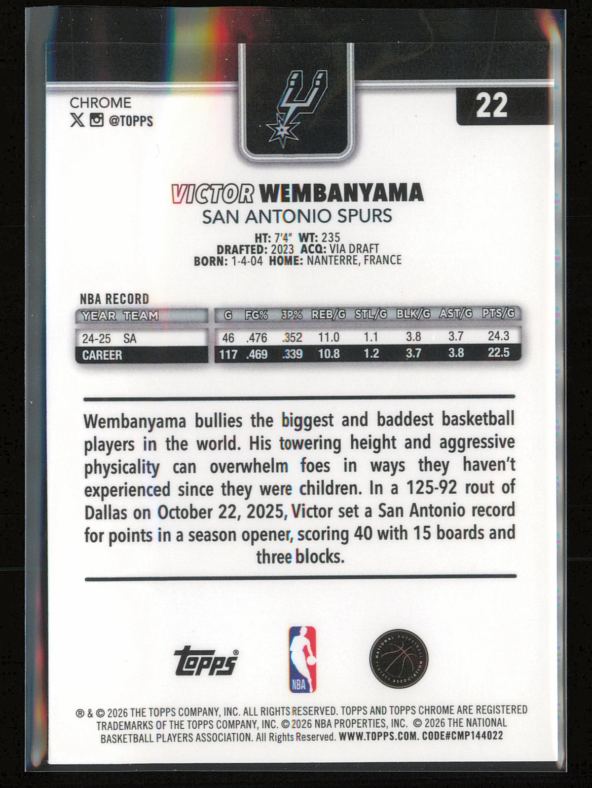 2025-26 Topps Chrome Update #22 Victor Wembanyama