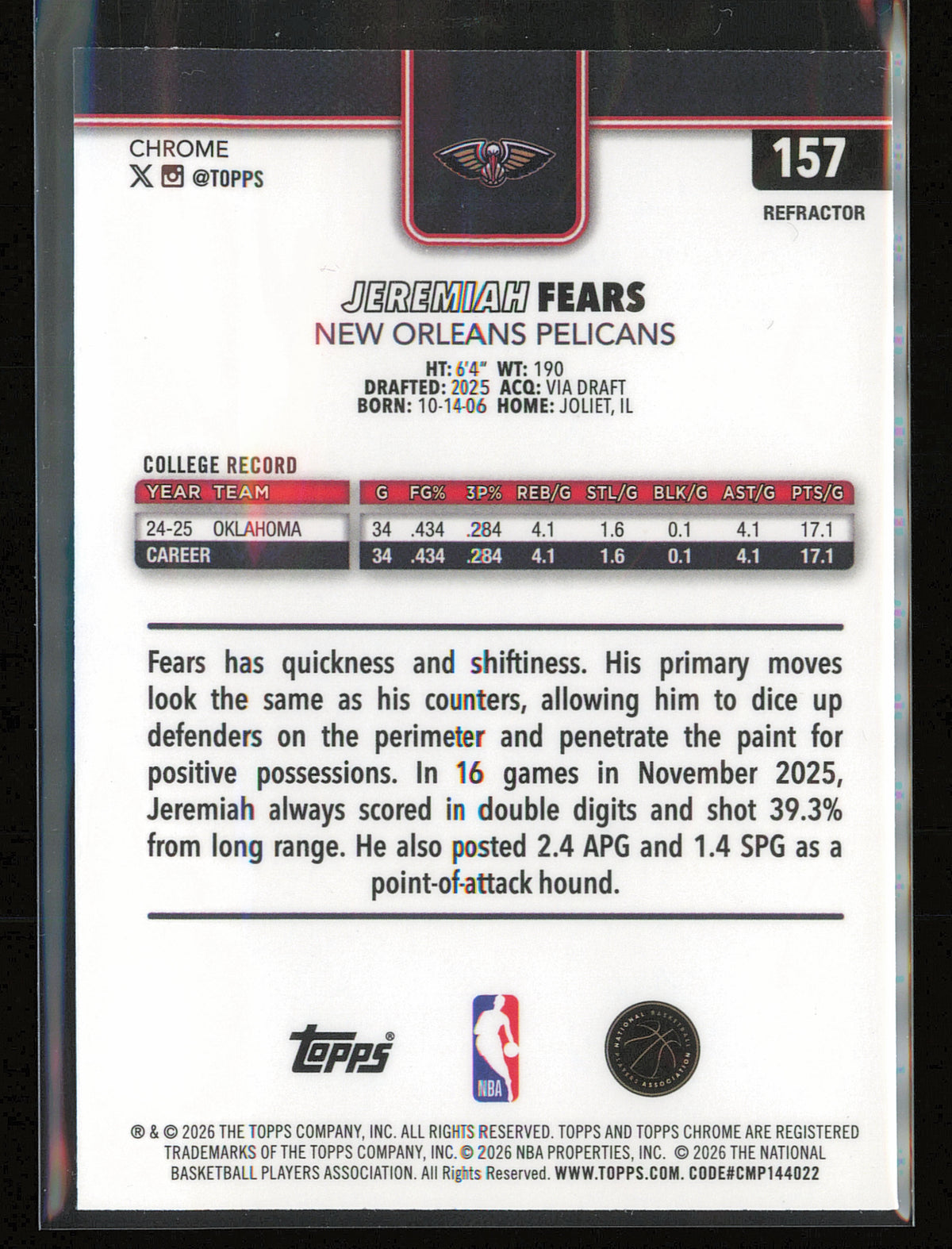 2025-26 Topps Chrome Update #157 Jeremiah Fears Refractor