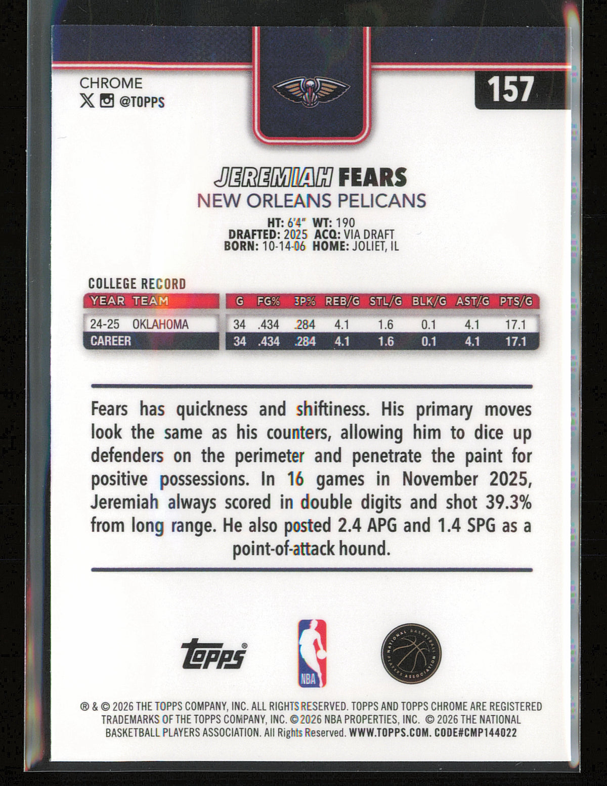 2025-26 Topps Chrome Update #157 Jeremiah Fears Red White and Blue Refractor