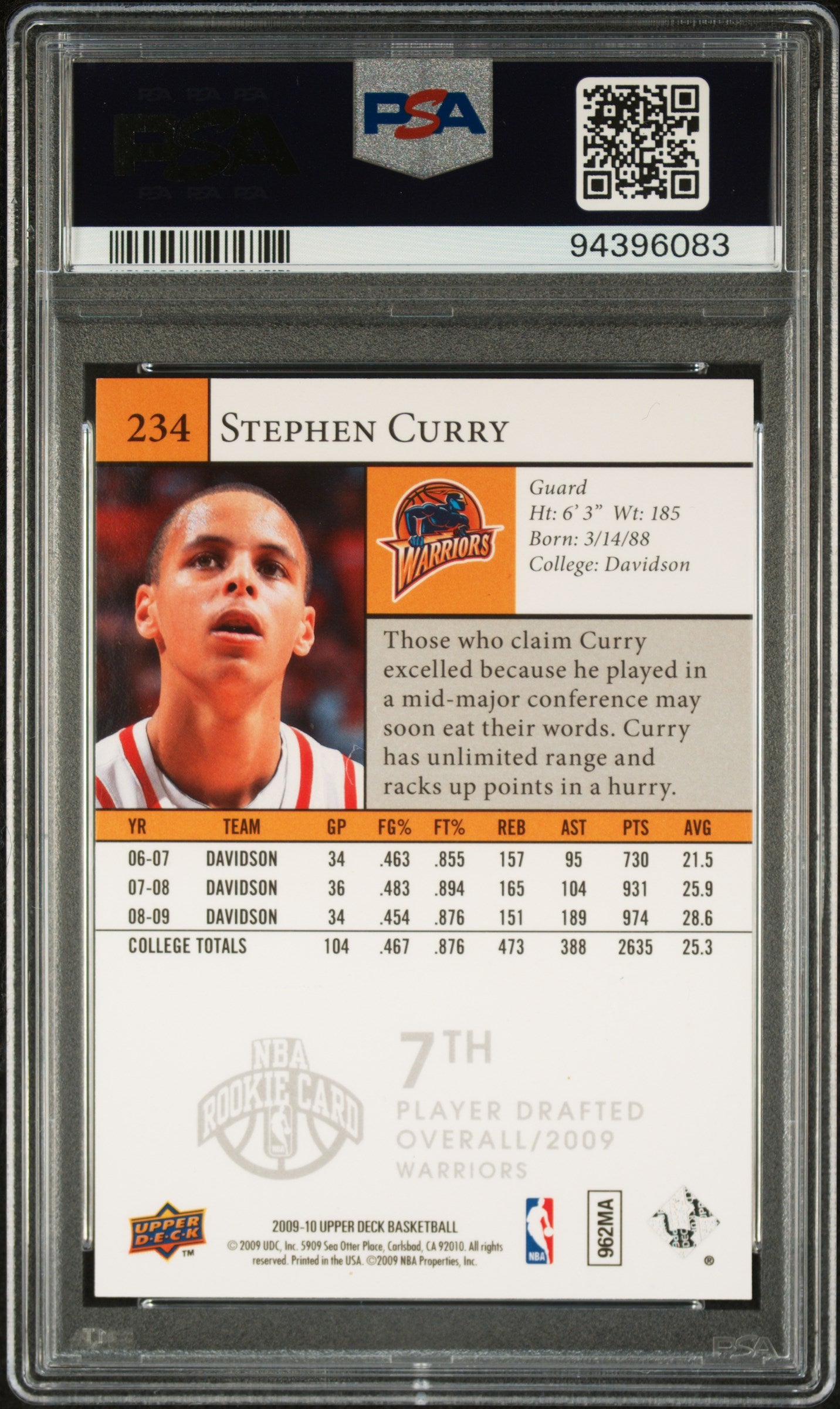 2009 Upper Deck #234 Stephen Curry PSA 8