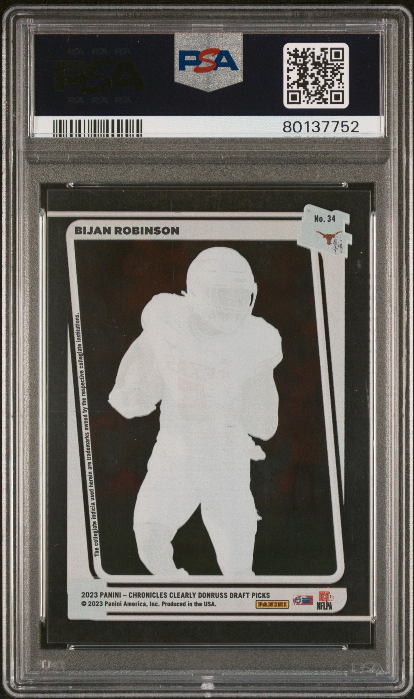 2023 Panini Chronicles Draft Picks Clearly Donruss #34 Bijan Robinson PSA 9
