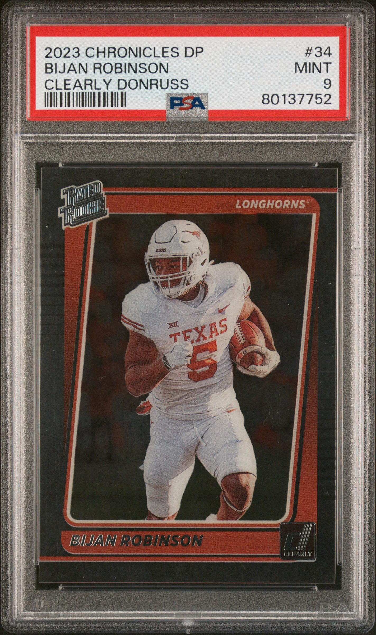 2023 Panini Chronicles Draft Picks Clearly Donruss #34 Bijan Robinson PSA 9