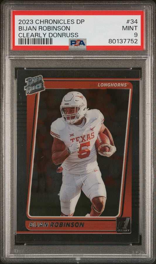 2023 Panini Chronicles Draft Picks Clearly Donruss #34 Bijan Robinson PSA 9